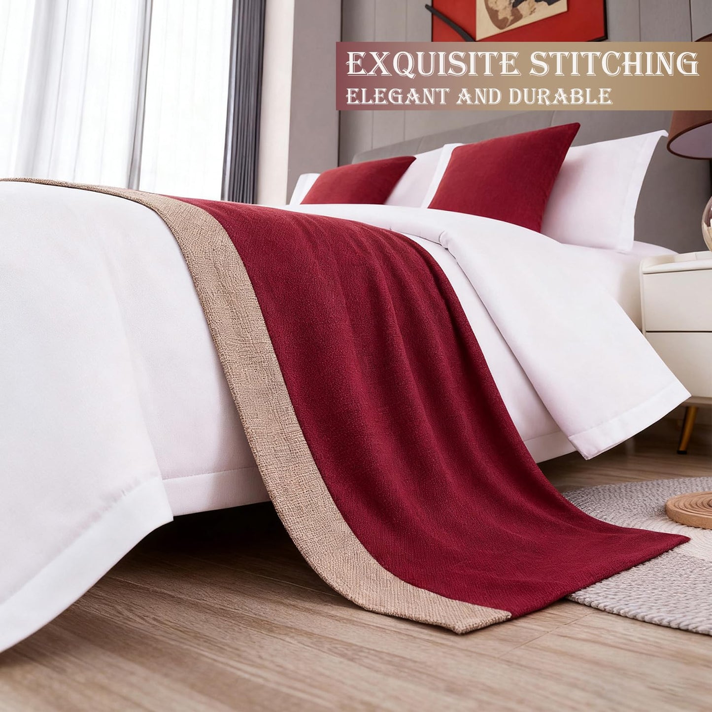 Ctslbreploo Red Bed Runner 82 x 20 Inch Red and Khaki Patchwork Bed Scarf for Queen & Full Bed Stripe Reversible Quilted Bed Runner Decorative for Hotel Bedroom Home - 1 Piece