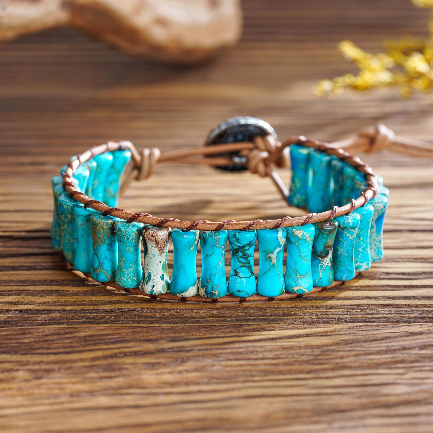 Plumiss Bohemian Turquoise Blue Imperial Stone Bracelet - Adjustable Leather Wrap Chakra Bracelet for Women Men, Handmade Colorful Energy Stone Yoga Jewelry Gift
