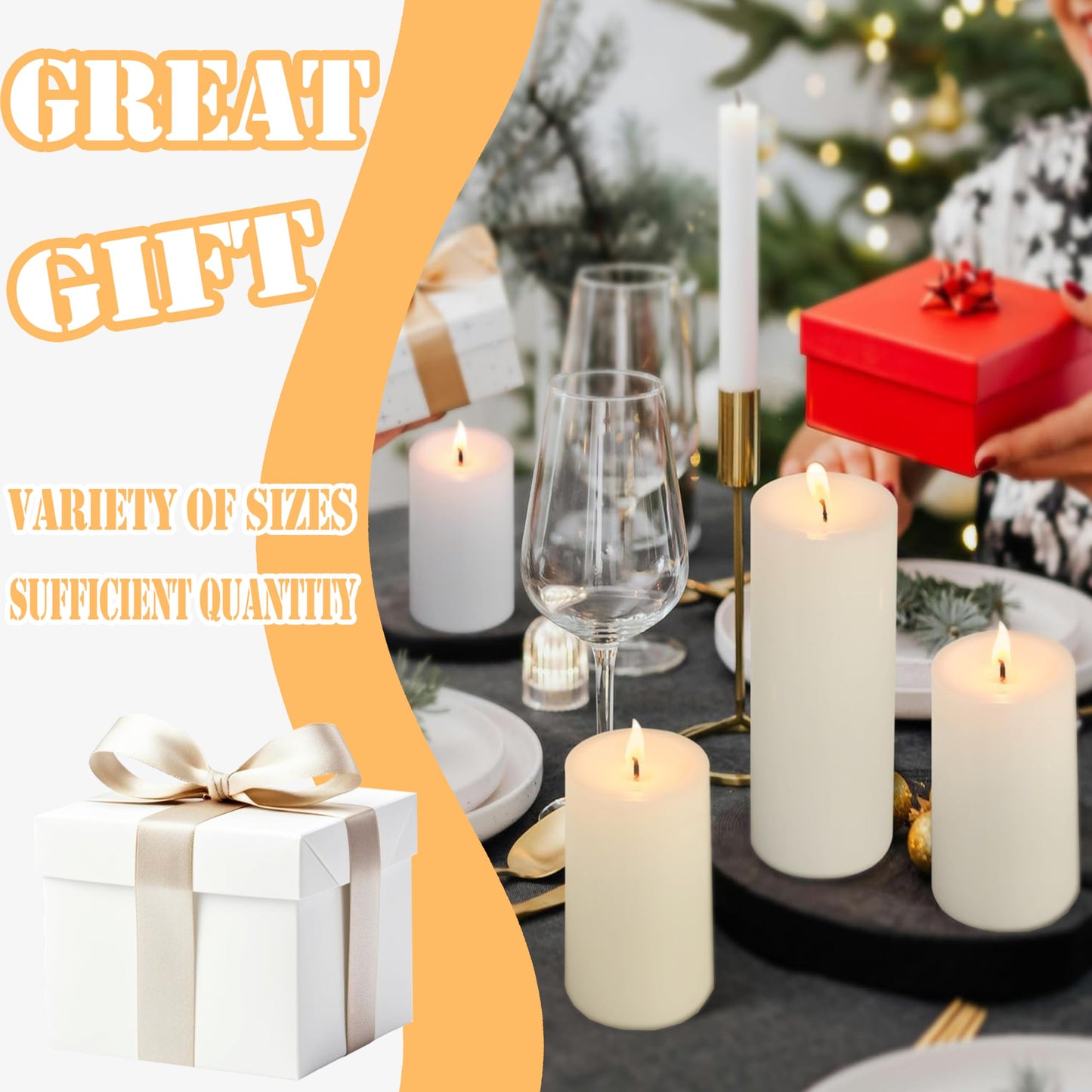 Veiuwa 18 Pcs Ivory Pillar Candles Bulk Set，2x3 2x6 2x8 Inch - 12 Each Size，Hurricane Candles，Dripless Unscented Smokeless，Gives You a Better Atmosphere When Organizing Wedding or Event Party.