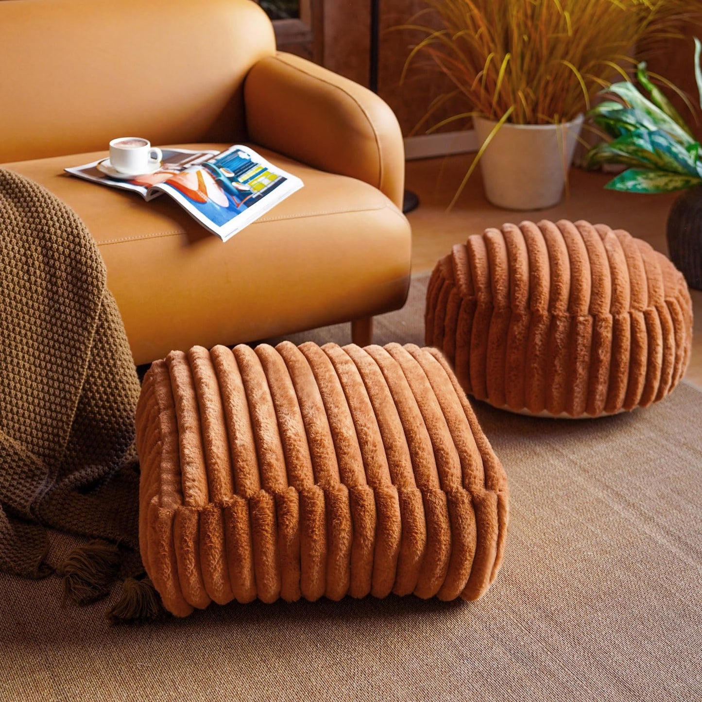 Artbloss Unstuffed Pouf Ottoman Soft Bean Bag Storage Farmhouse Pouf Cover 20x20x8 Inches Decorative Floor Footrest for Living Room Bedroom Outdoor (Caramel, Round)