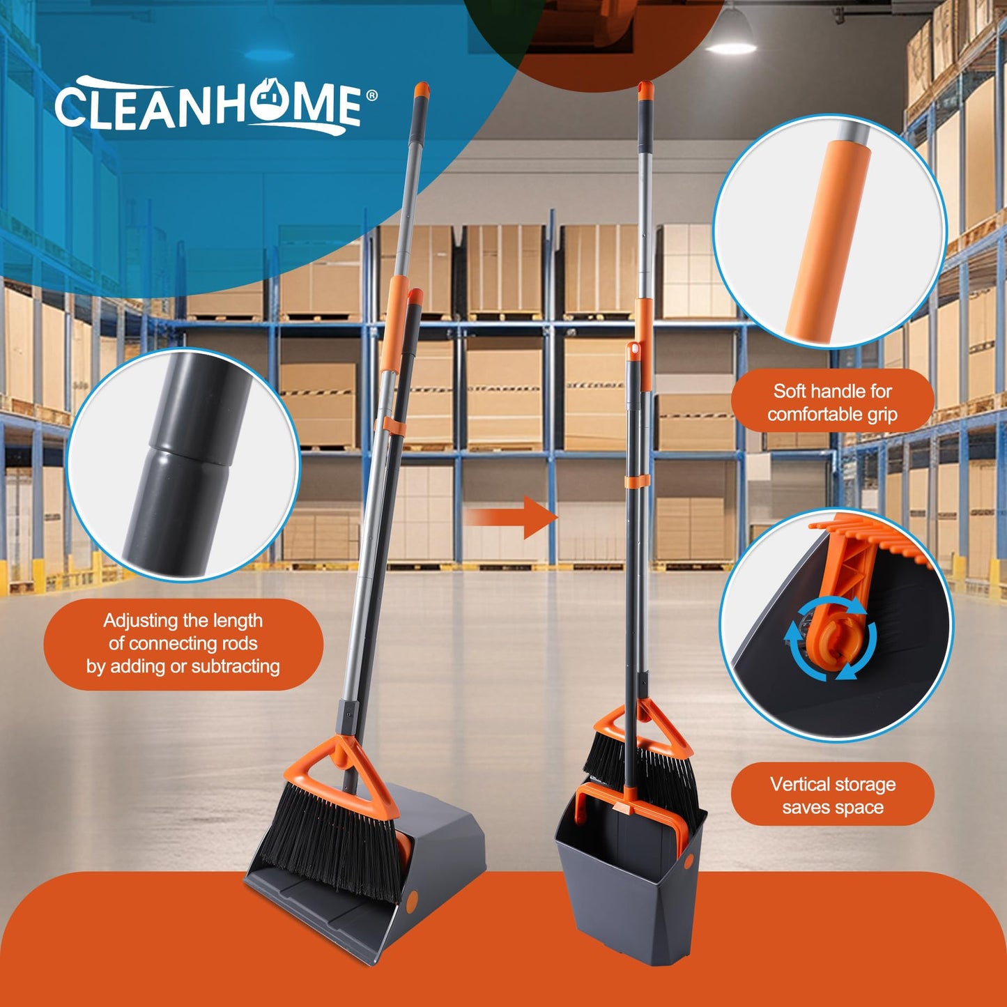 CLEANHOME Heavy Duty Outdoor Broom and Dustpan Set with Long Handle, Standing Dustpan & Split-End Bristles for Patio, Garage, Deck, Leaves Debris Cleaning