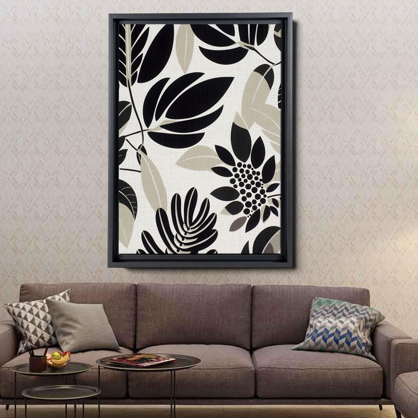 Scandinavian Folk Art, Black and Beige Abstract Botanical Wall Art for Scandinavian Home Decor
