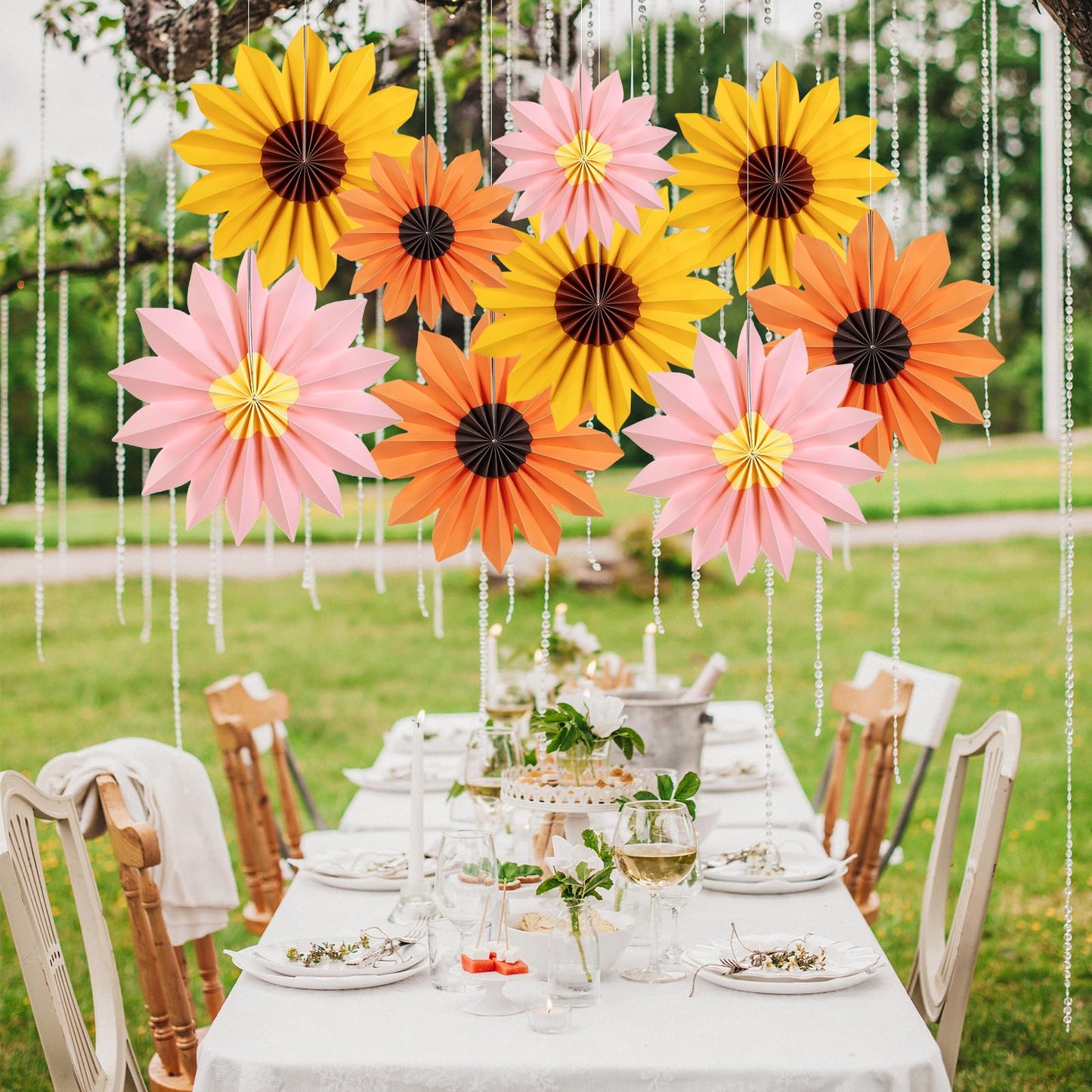 PAPER JAZZ Sunflower Party Decorations: 9 Sunflower Paper Fans & Flower Garlands, Summer Orange Pink Sunflowers, Wedding & Baby Shower Decor