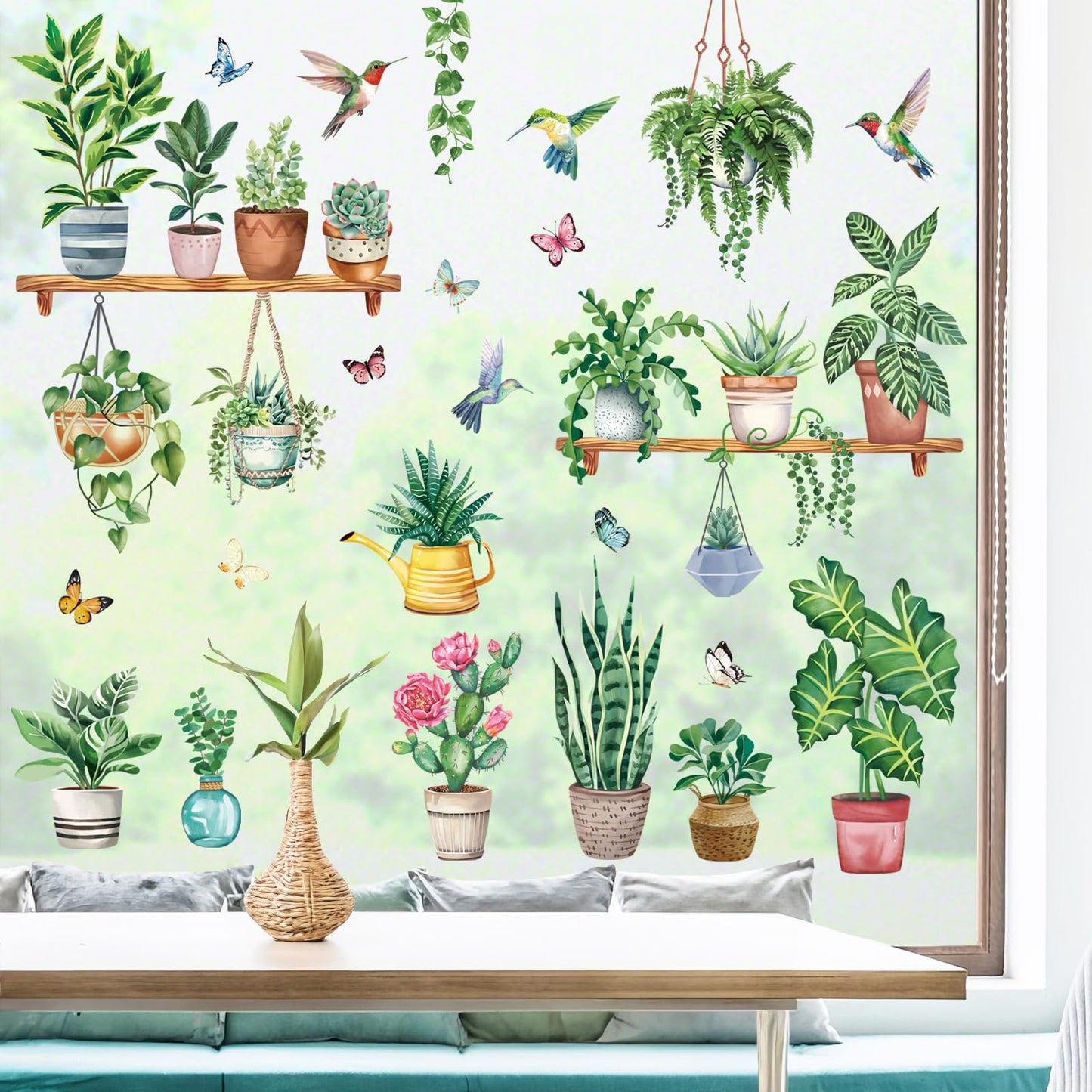 wondever Hanging Green Potted Plant Window Clings Tropical Botanical Cactus Bird Glass Sticker Decal Anti Collision Double-Side Static Window Stickers for Home Glass Window