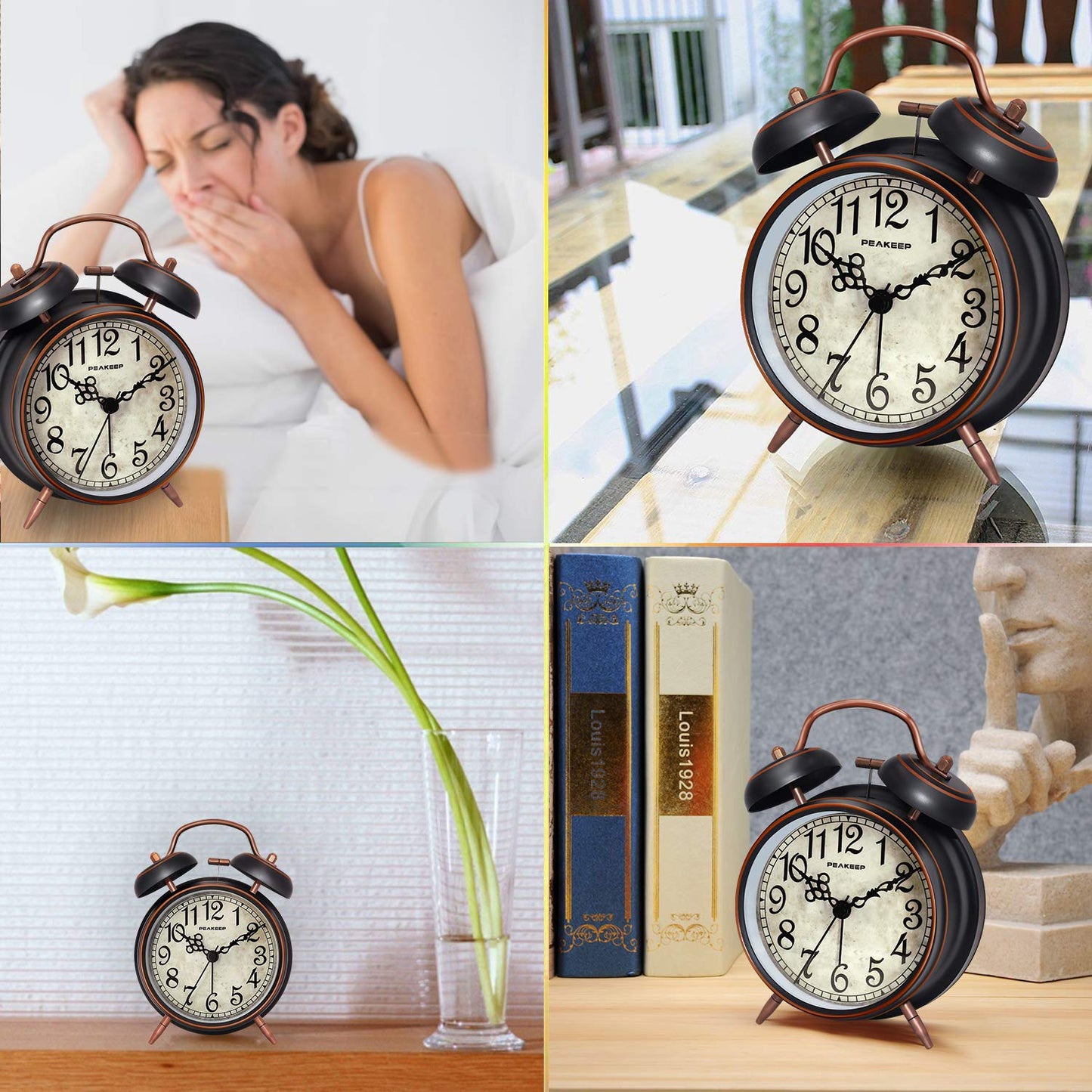Peakeep Retro 4.5 inches Battery Operated Twin Bell Loud Alarm Clock (Black with Arabic)