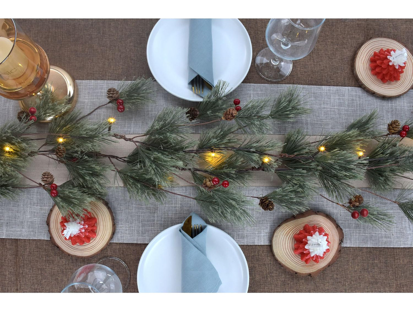 6.4 FT Artificial Cedar Garlands, Real Touch Winter Pine Garland with Red Berries, Green Greenery Garland for Table, Mantle, Wall, Indoor, Outdoor Christmas Decorations