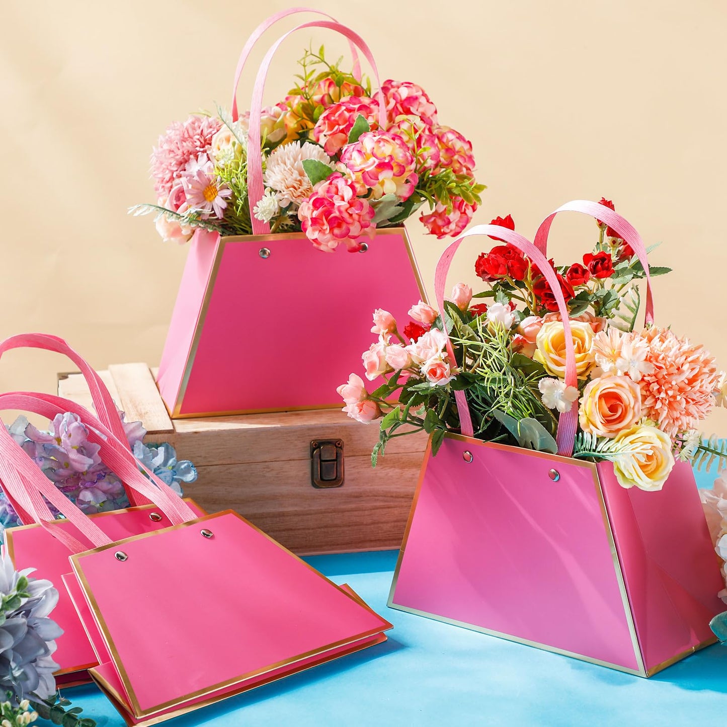 Noveread 24 Pcs Mother's Day Floral Gift Bags Bulk Portable Flower Bouquet Wrapping Paper Bag with Handle Waterproof Florist Wrap Centerpiece Box for Women Anniversary Wedding Birthday(Hot Pink)
