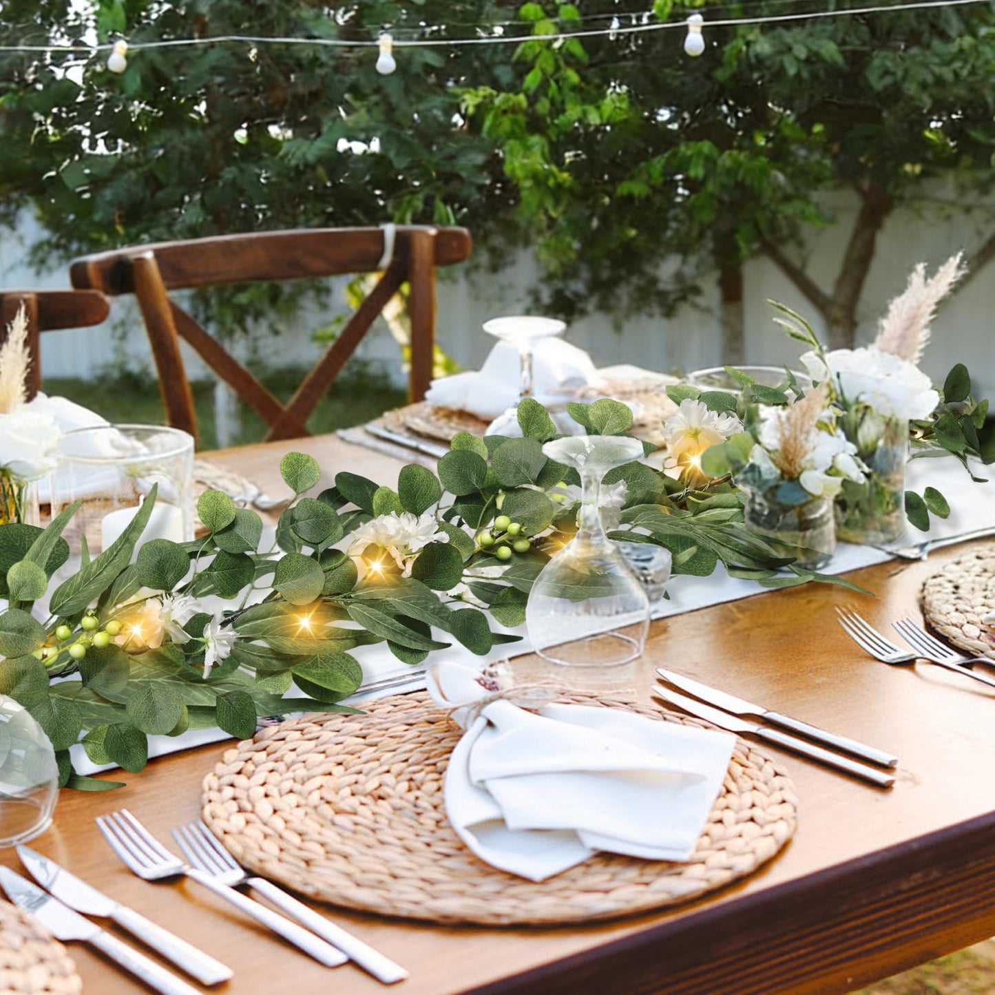 MDSTBN Eucalyptus Garland with Lights, 6FT Spring Garland Eucalyptus Leaves with Flower Berries Artificial Greenery Vine for Mantle Porch Wall Wedding Arch Backdrop Table Decoration