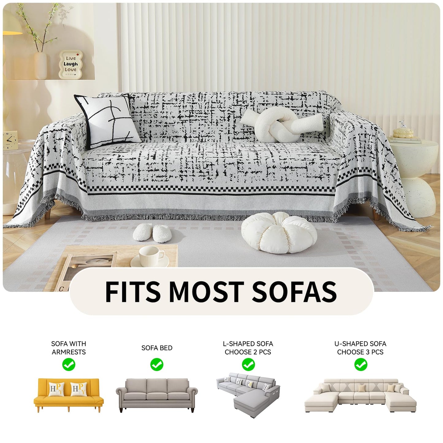 Deep Dream Boho Couch Cover Blanket, Soft Chenille Sofa Covers for 3 Cushion Couch, Sofa Slipcovers Washable Living Room Furniture Protector for Dogs Pets (Black, 71"x134")