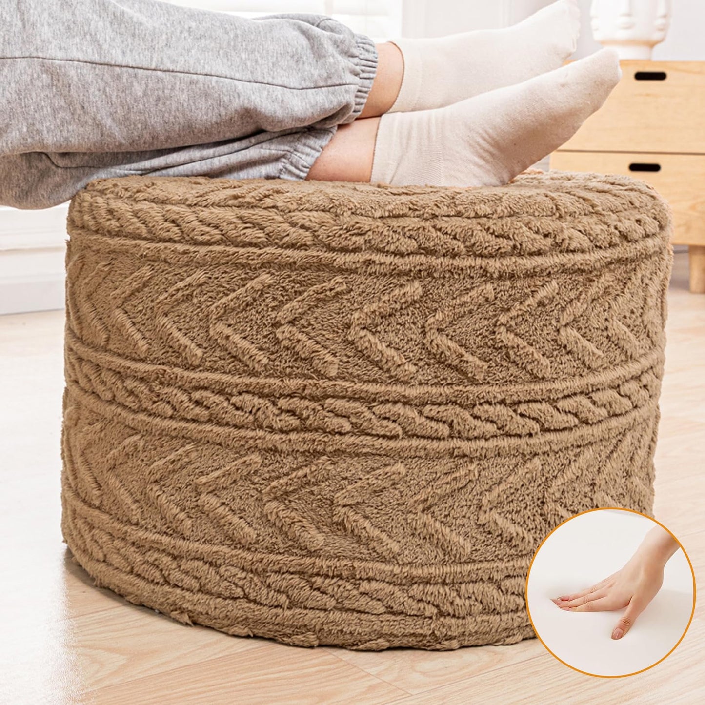 Beawelkomjo Boucle Pouf Ottoman and Foot Rest 20 x 20 x 14 Inches Floor Pouf Boho Foot Stool Home Decor for Couch Sofa Bean Bag Chairs Light Coffee