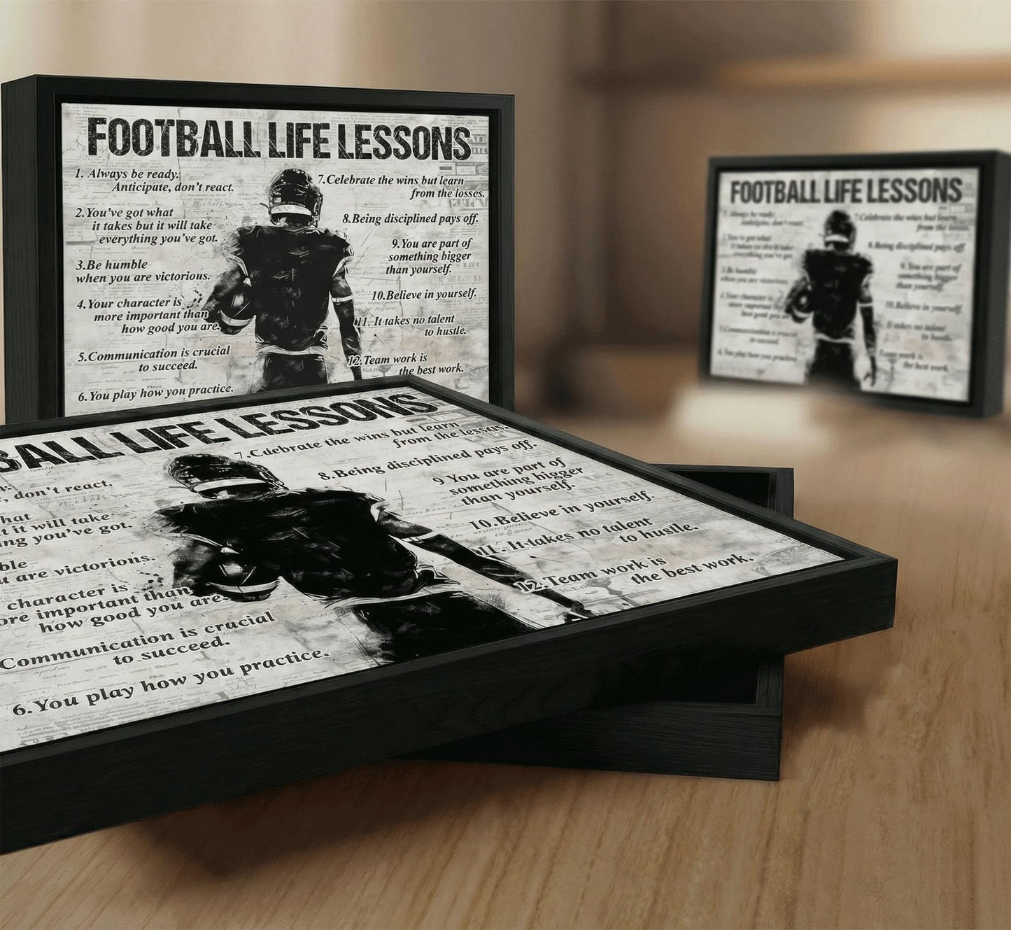 Framed Fotball Sports Canvas Wall Art Football Life Lessons Wall Decor Picture Inspirational Quotes Motivational Boy Poster Print Painting for Gym Bedroom Living Room Decoration Prepare To Hang