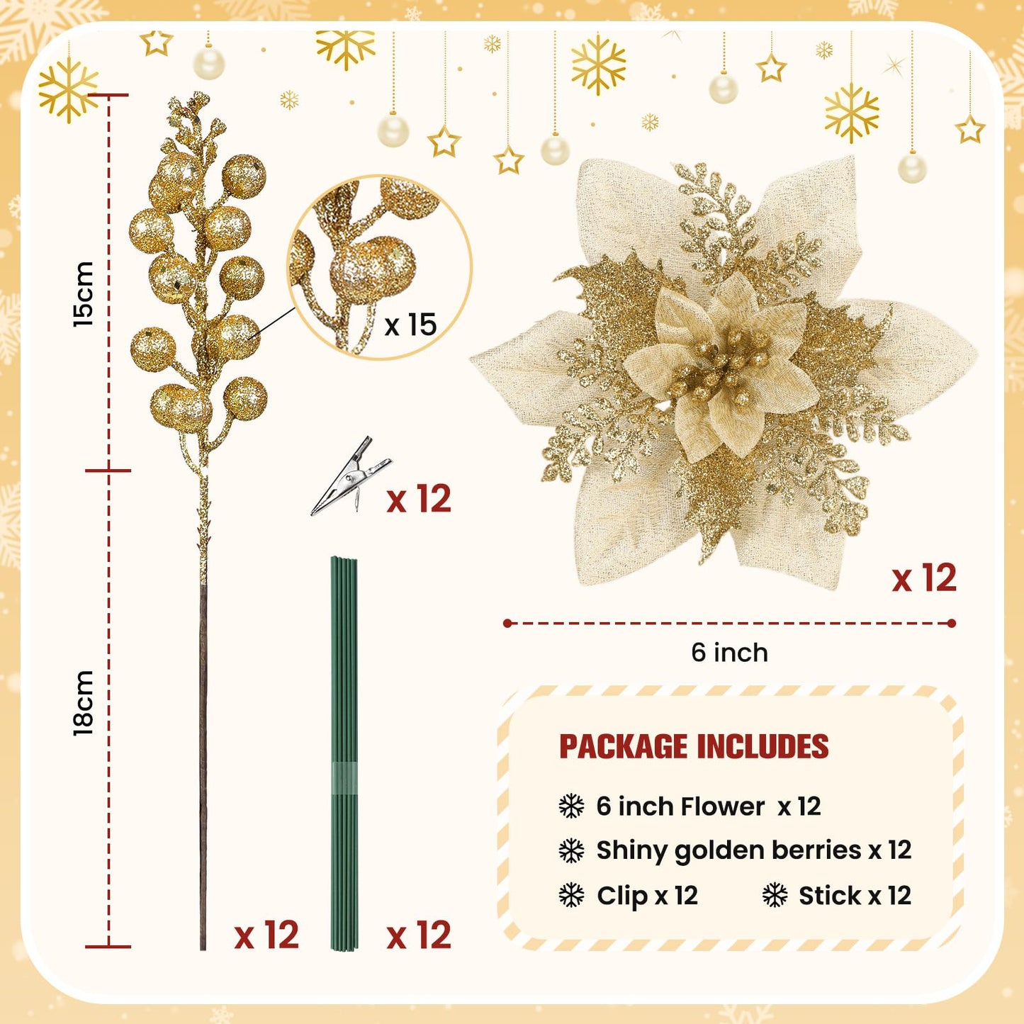 Alupssuc 24 Pieces Christmas Tree Decorations, 12 PCS Gold Poinsettia Flowers Artificial and 12 PCS Glitter Christmas Tree Picks for Christmas Decorations Party Wreath Fireplace Stairs, Gold