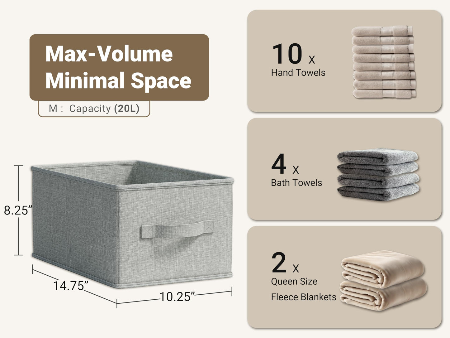 LayerSpace 3 Pack Fabric Storage Bins for Shelves | 14.75x10.25x8.25 in Storage Baskets | Fabric Closet Organizers with Handles Home Organization | Linen Clothes Storage Bins | Light Gray