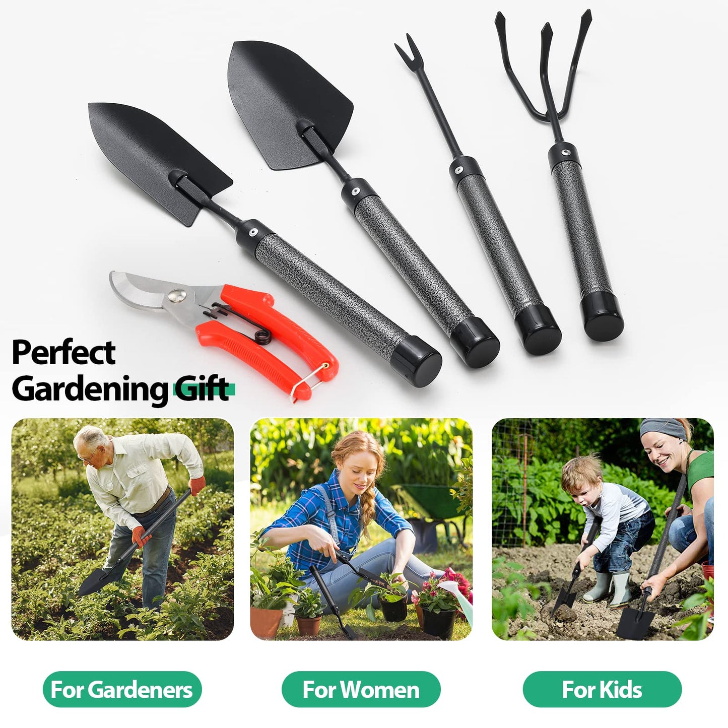 Garden Tool Set, 5-Piece Heavy Duty Gardening Tools Kit with Extendable Handle, Metal Trowel, Cultivator, Weeder, Pruner, Back-Saving Grips for Yard Raised Bed, Rust-Proof, Gift for Women, Men, Kids