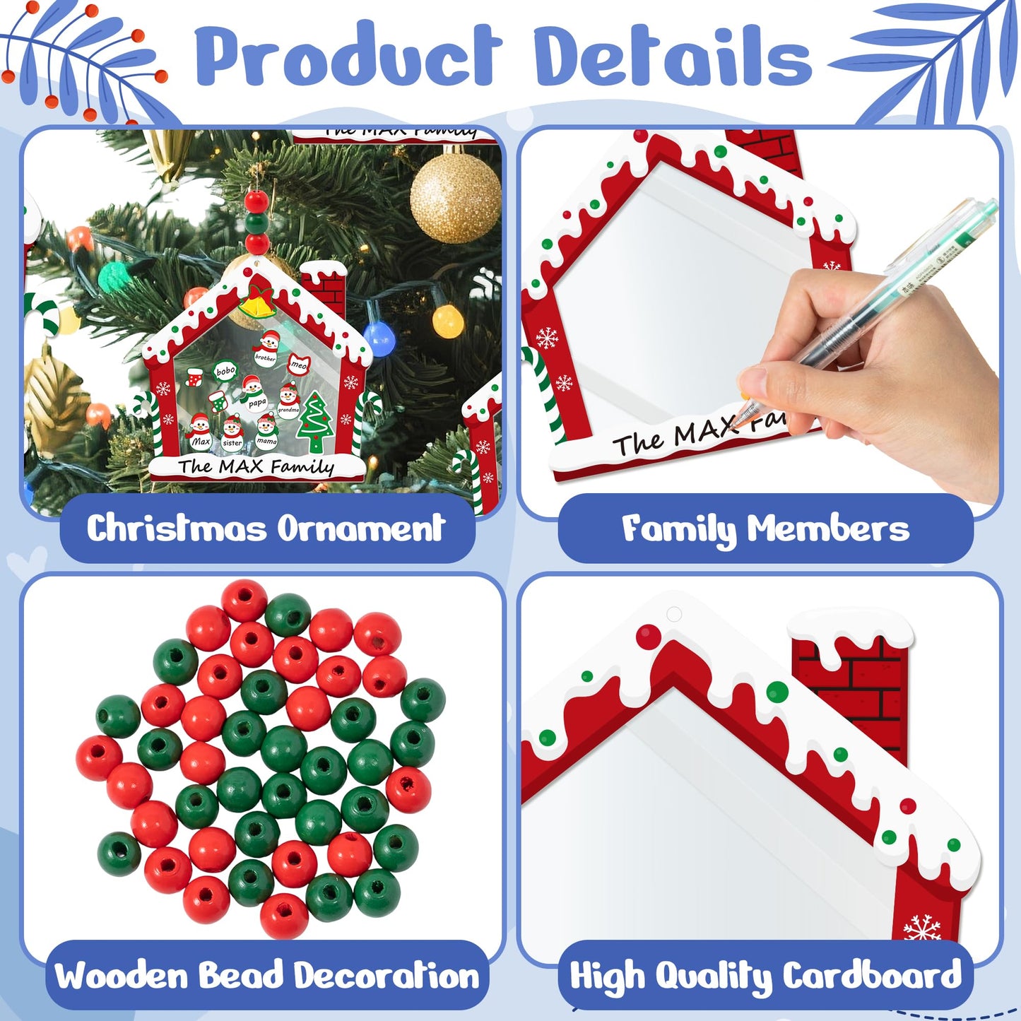 B1ykin Christmas Tree Ornament Kit - 24Pcs DIY Snowman House Paper Craft for Kids, Xmas Family Names Personalized Decor with Wooden Beads, Classroom Homeschool Christmas Party Favors (Snowman)