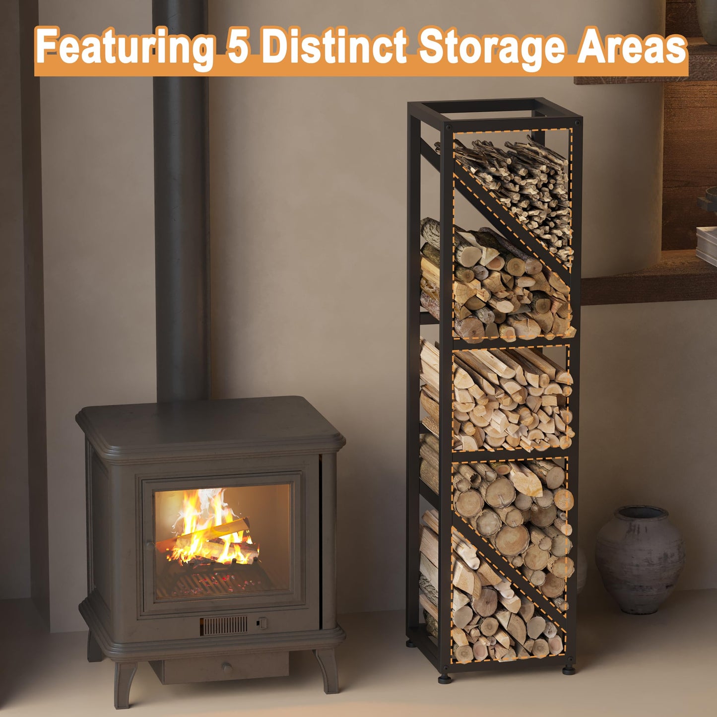 Wakeyard 47 Inch Tall Indoor Firewood Rack Outdoor, 5-Tier Functional Fireplace Log Holder, Heavy Duty Metal Firewood Storage Rack, Decorative Log Organizer, Anti-Rust Coating, Adjustable Pads