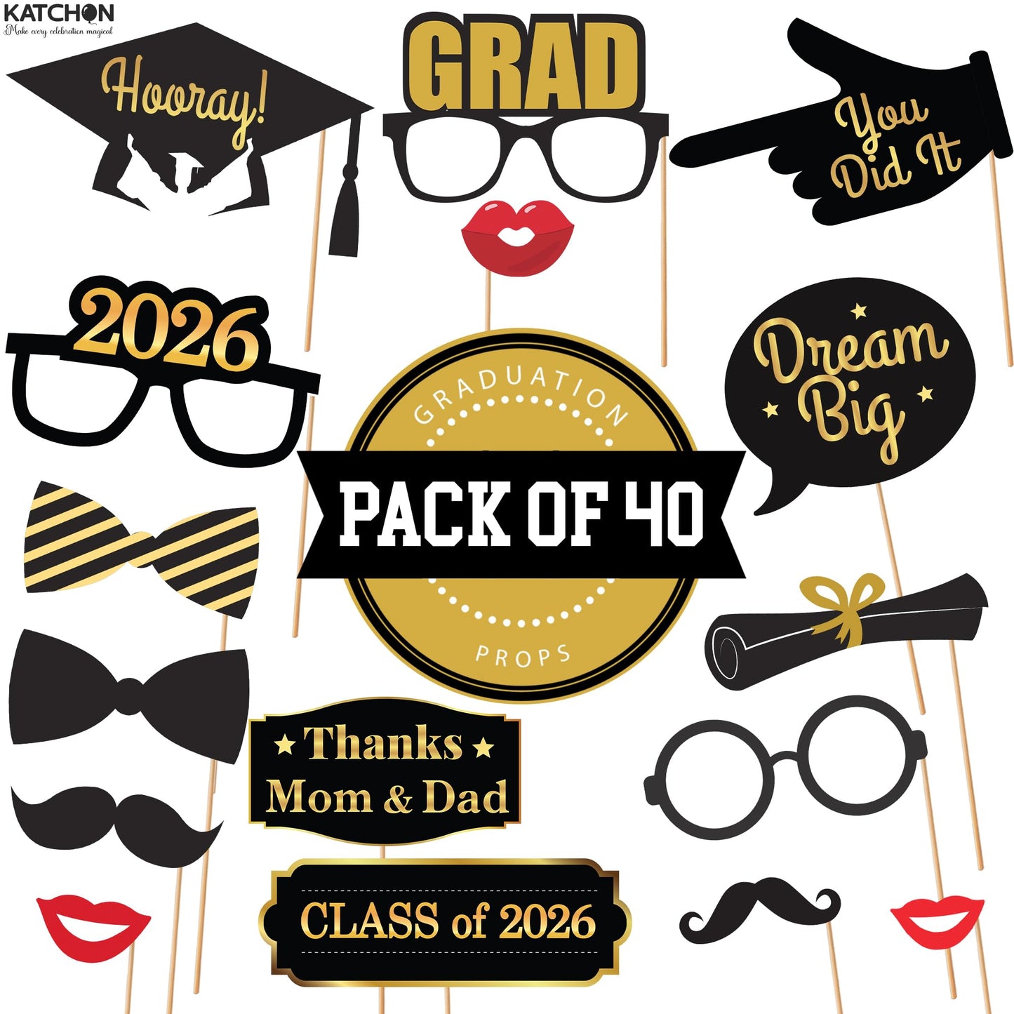KatchOn, Graduation Photo Booth Props - Pack of 40 | Black and Gold Grad Photo Props, Graduation Decorations 2026 | Congrats Grad Props for Photoshoot 2026, Class of 2026 Decor | Grad Party Supplies