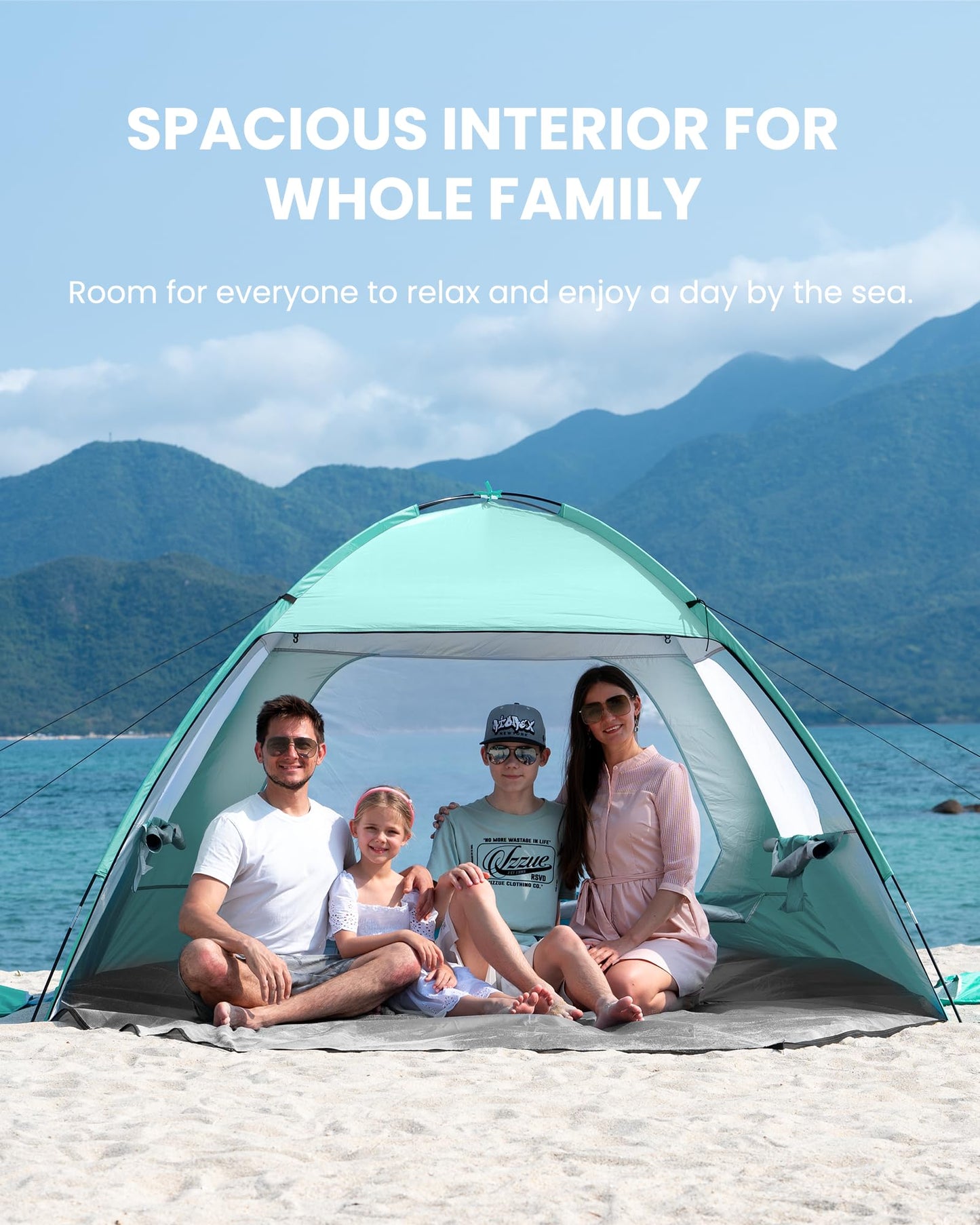 OutdoorMaster Beach Tent for 3/4 Person - Easy Setup Sun Shade Shelter, Portable Beach Shade Sun Canopy with UPF 50+ UV Protection, Removable Skylight Family Size - 4 Person Green