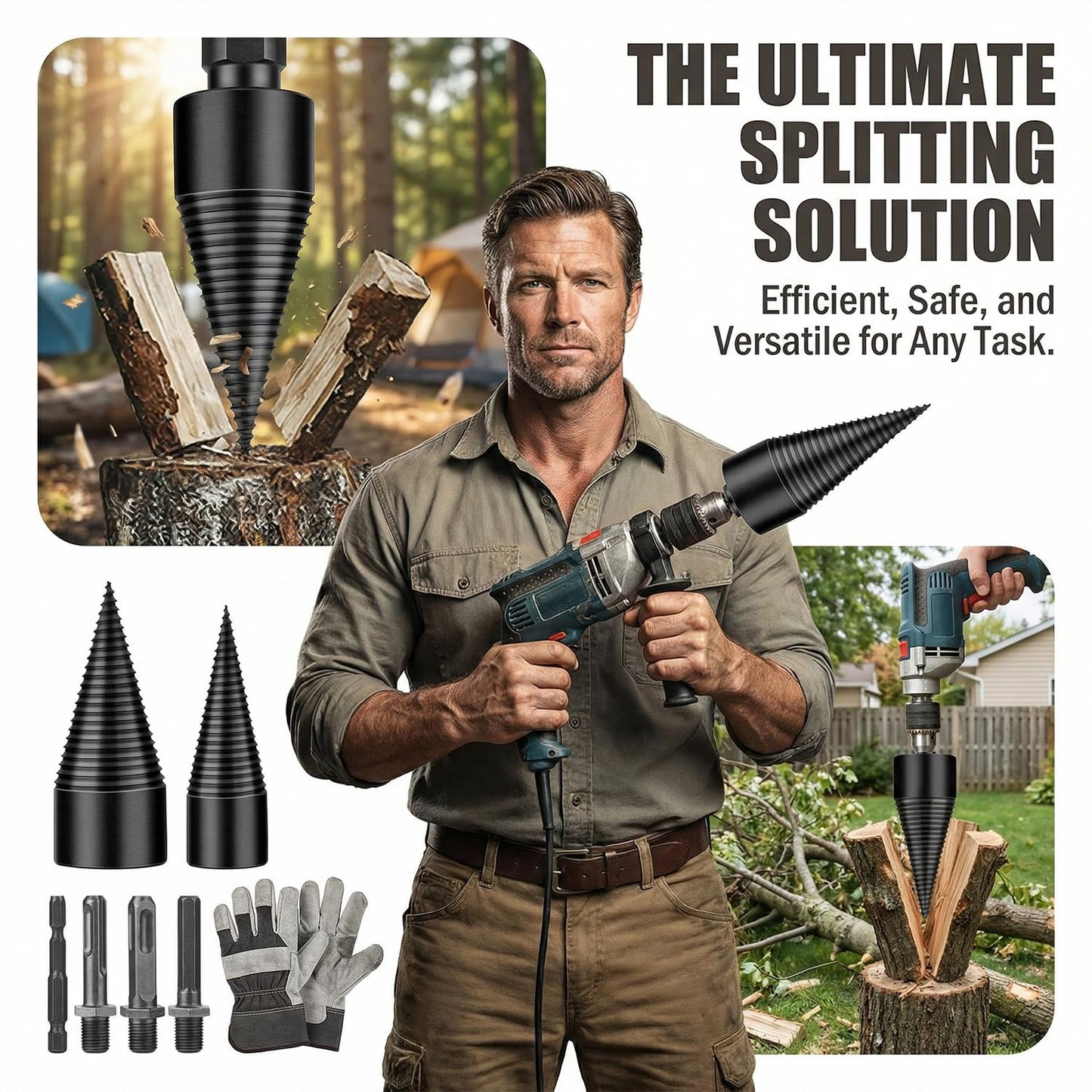 6 Pcs Wood Splitter Drill Bits Set, 42mm+32mm Firewood Log Splitter Cone Bit, Heavy Duty Electric Drill Screw Driver Removable, Kindling Detachable Design Wood Splitting Wedge Tool