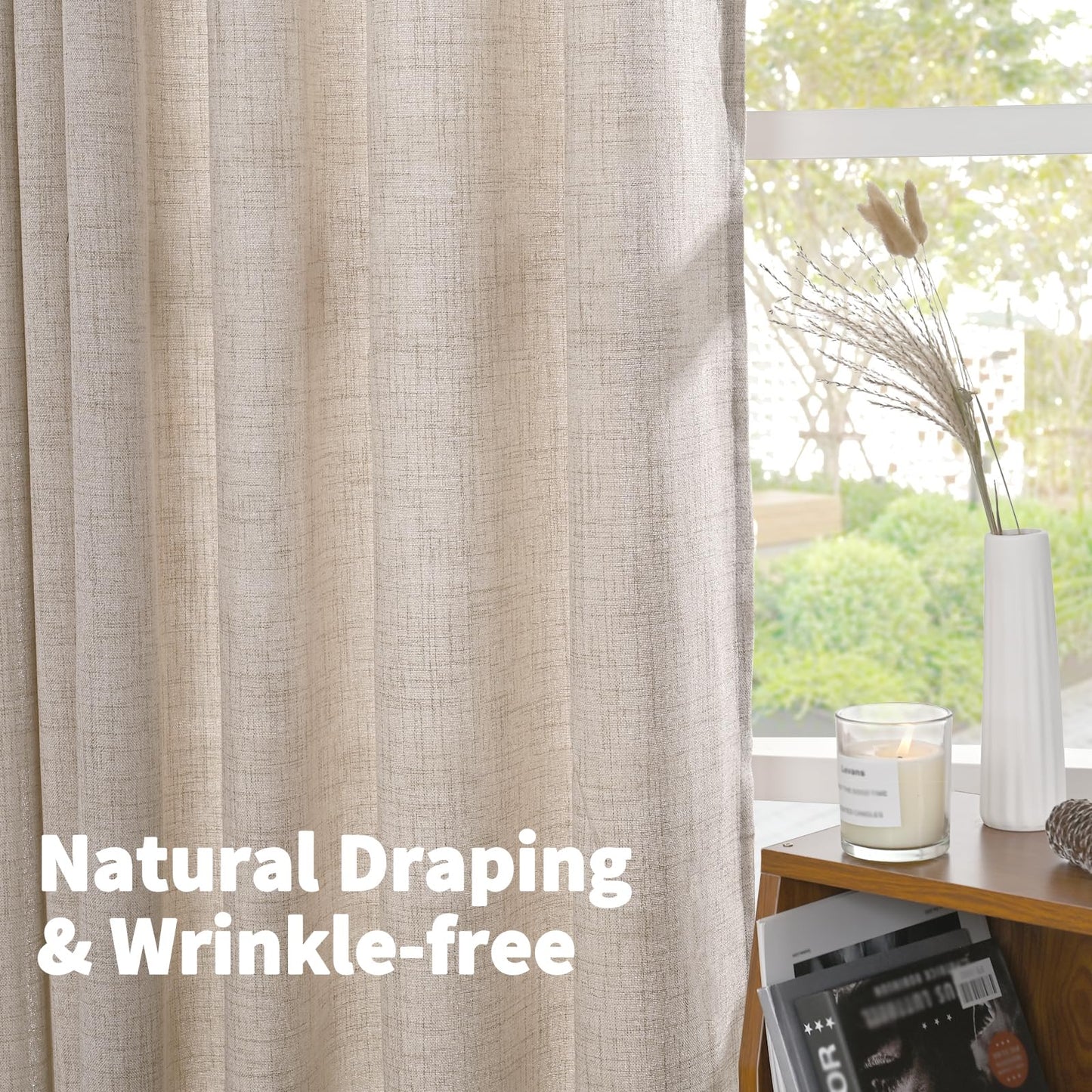 YoungsTex Linen Semi Sheer Curtains 63 Inch Length 2 Panels for Living Room - Light Filtering Drapes with Bronze Grommet Beige Window Treatments for Country Office Bedroom, 52 X 63 Inch