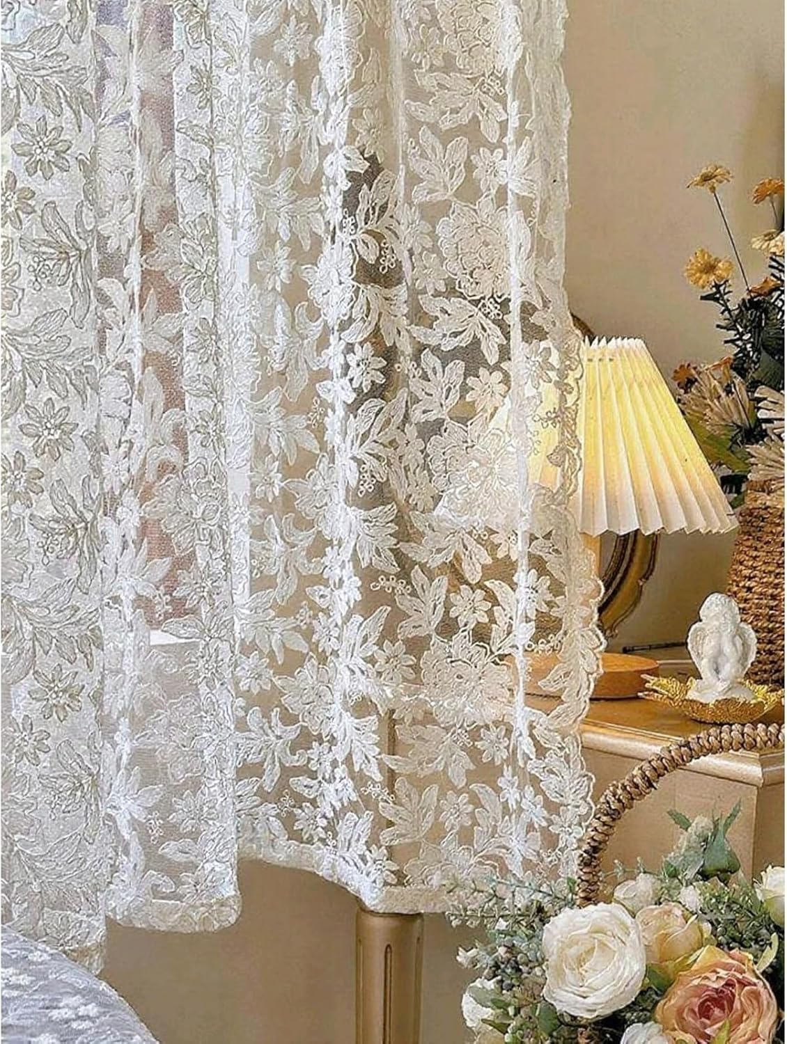 JESSANS 2pcs French Curtains Lace Gauze for Living Room Cream Retro Wavy Edge Bedroom Bay Window Girl Embroidery Curtain Door White Tulle Rod Pocket (W51XH51IN)