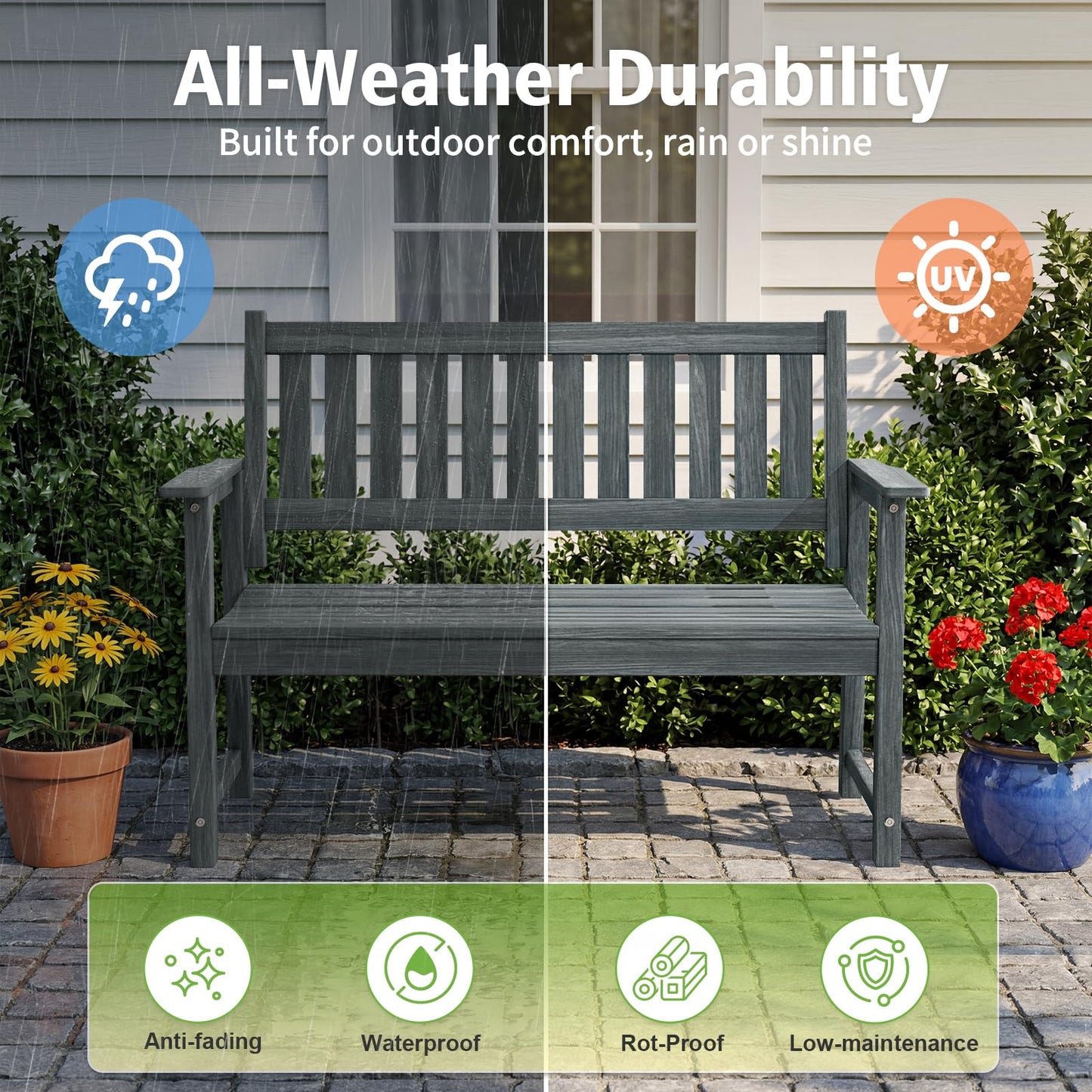 ACUEL Outdoor Bench, 2-Person Garden Bench, Poly Lumber Patio Bench for Outdoors, Porch, and Park (Dark Grey)