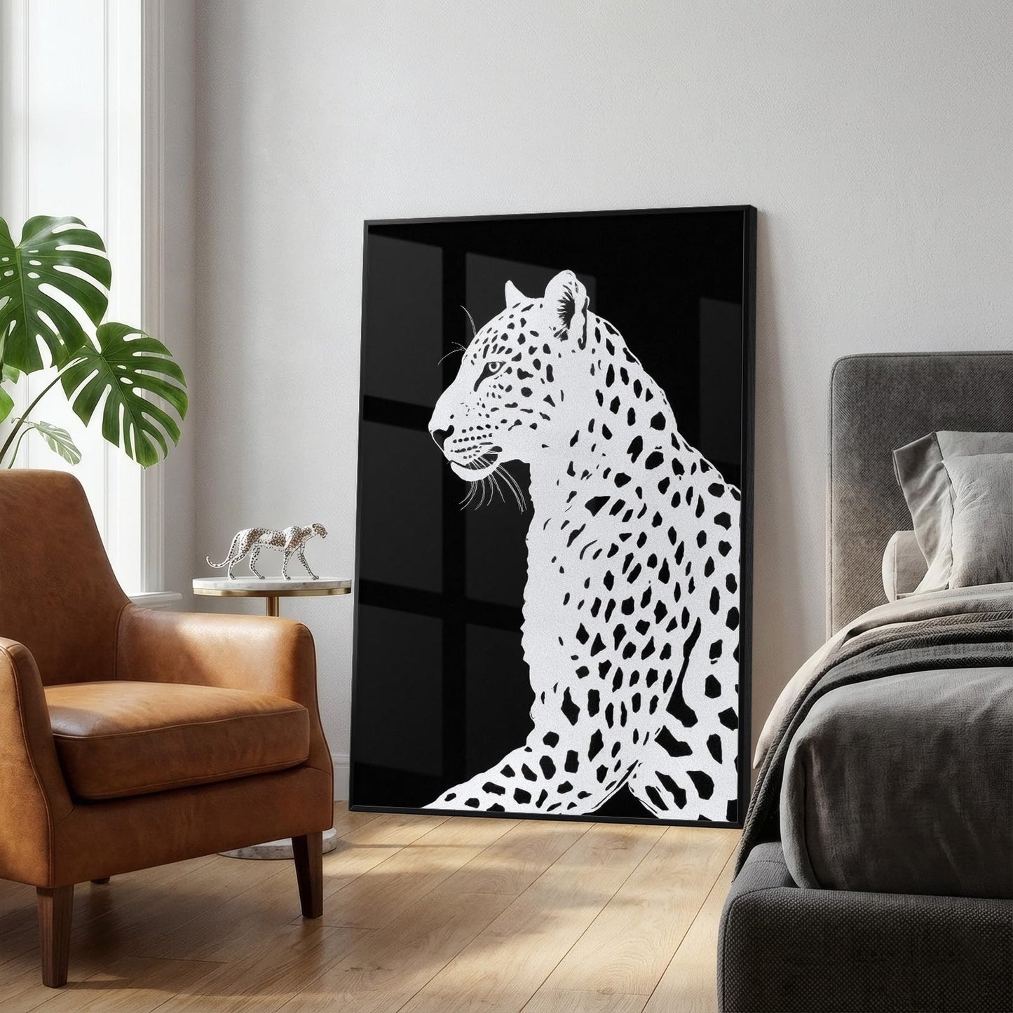 Framed Modern Animal Black and White Wall Art, Large Leopard Animal Prints, Contemporary Minimalist Elegant cheetah Pictures for Living Room Bedroom Dining Room Hallway Office Wall Decor 24x36In