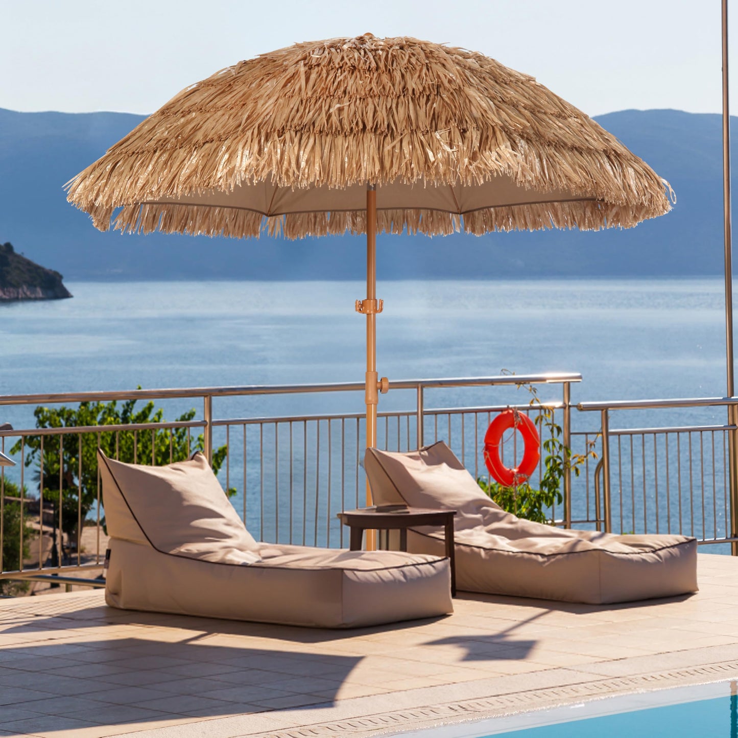 Seazul 6.5ft Hula Tahtched Tiki Patio Umbrella, Beach Umbrella Hawaiian Style with Hanging Hook and Tilt Design, 8 Ribs with Carry Bag for Outdoor Tiki Bar, Tropical Palapa, Garden, Pool, Natural