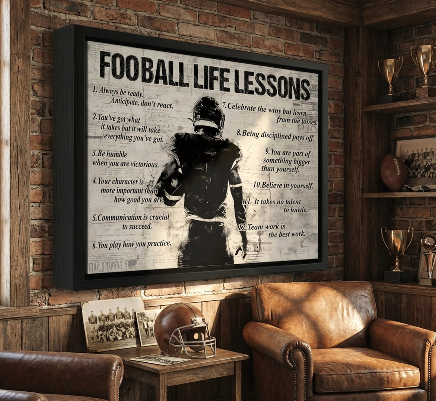 Framed Fotball Sports Canvas Wall Art Football Life Lessons Wall Decor Picture Inspirational Quotes Motivational Boy Poster Print Painting for Gym Bedroom Living Room Decoration Prepare To Hang