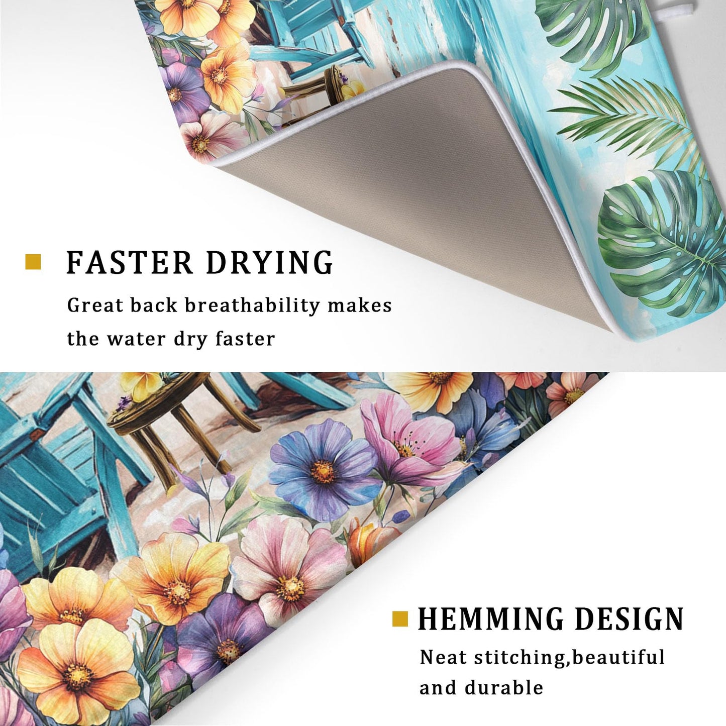 Spring Summer Sea Chair Dish Drying Mat for Kitchen Counter,Coastal Beach Palm Leaf Flowers Drying Mat 18 x 24 Inch with Absorbent Reversible Microfiber Drying Pad for Coffee Bar