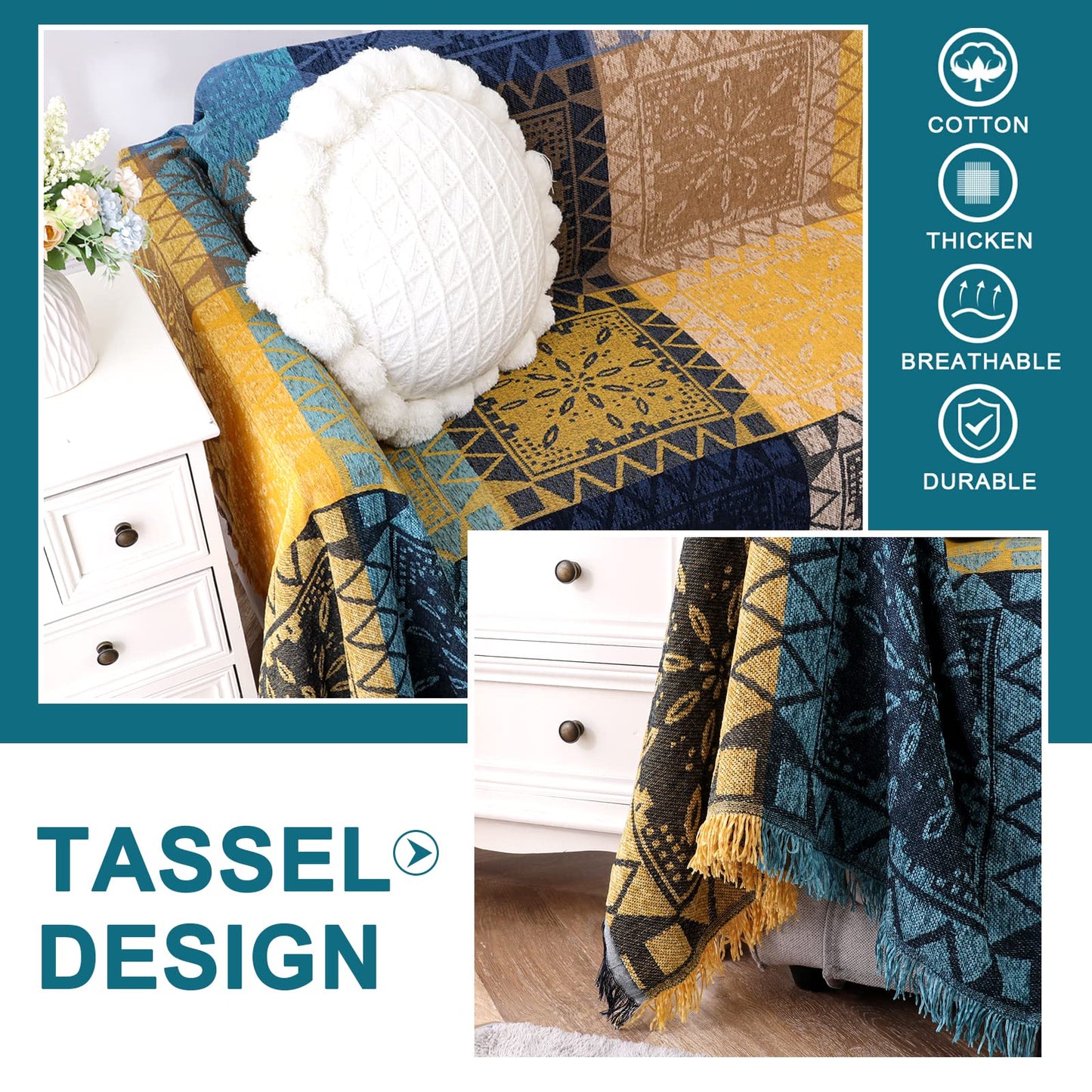 Turquoize Boho Couch Cover Bohemian Cotton Sofa Cover Sofa Throw Cover for Couches Sofa Slipcover Sectional Sofa Couch Covers Feature Hippie Chenille Jacquard Fabric(91"x 134",XX-Large,Yellow Navy)