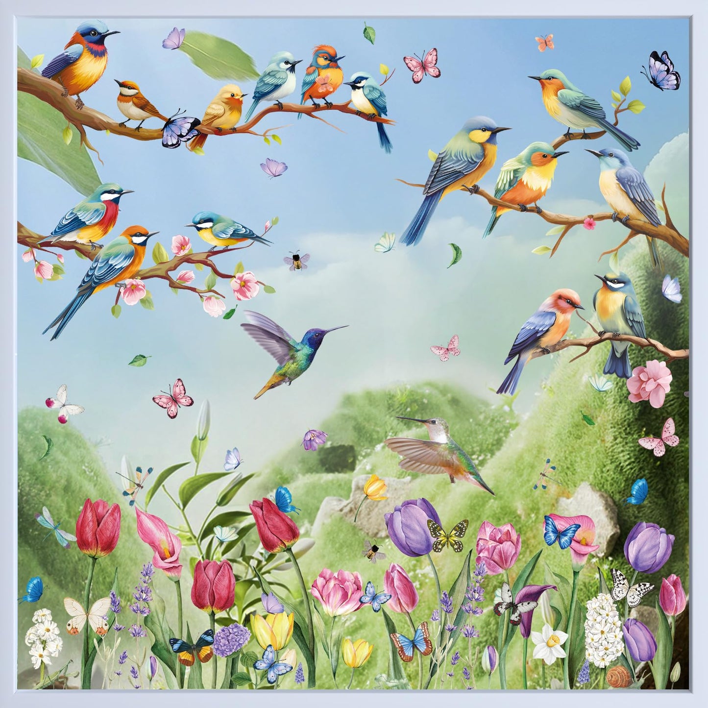 Hianjoo 9 Sheets 76 PCS Tulip Window Clings with Bird Branch Butterfly Double Sided Reusable Spring Holiday Decorations for Room Office