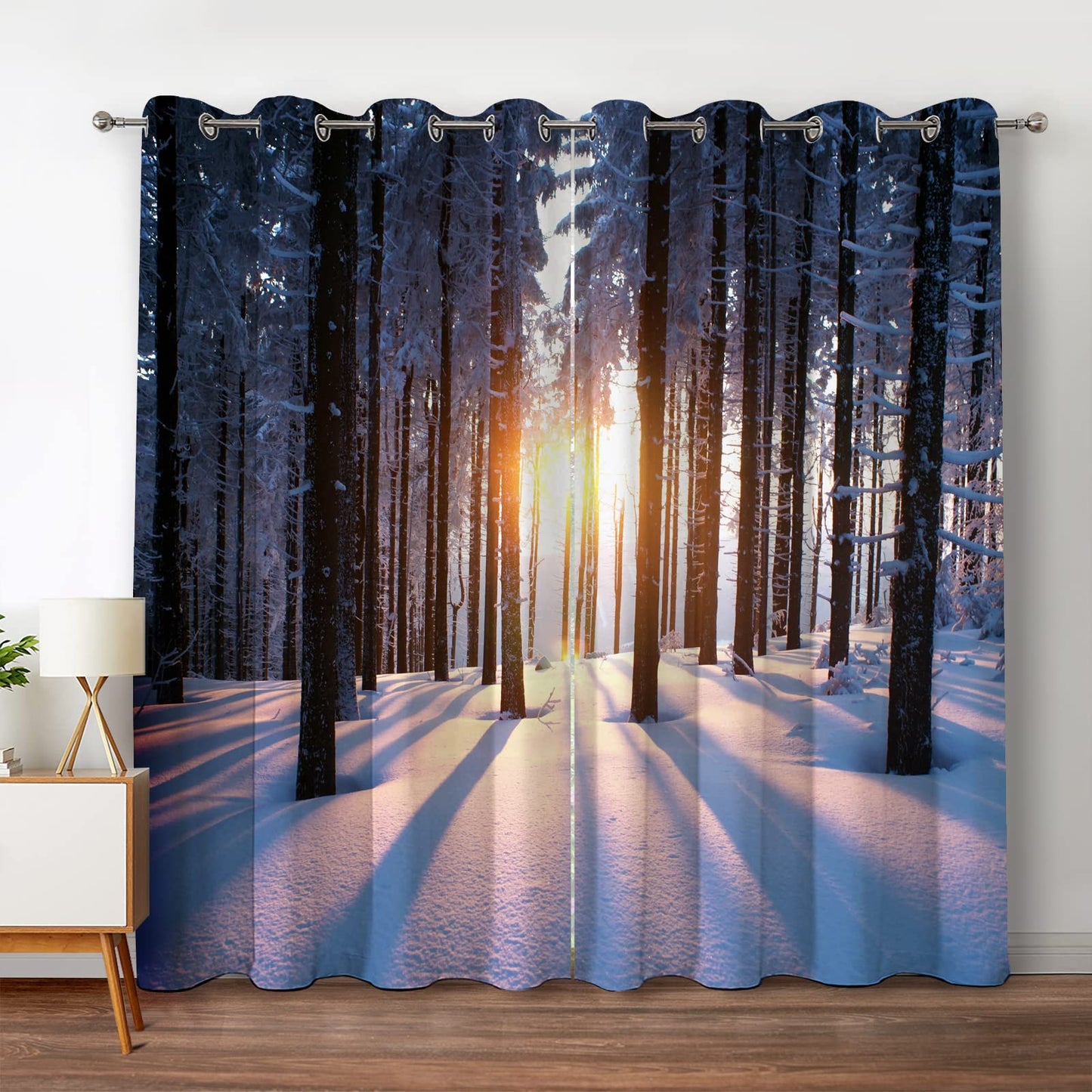 Jekeno Winter Snowy Forest Blackout Curtains Trees Woodland Sunset Landscape in Cold Weather Nature Scenery Decor for Bedroom Living Room Grommet Window Drapes 2 Panel Set, 52"x63"