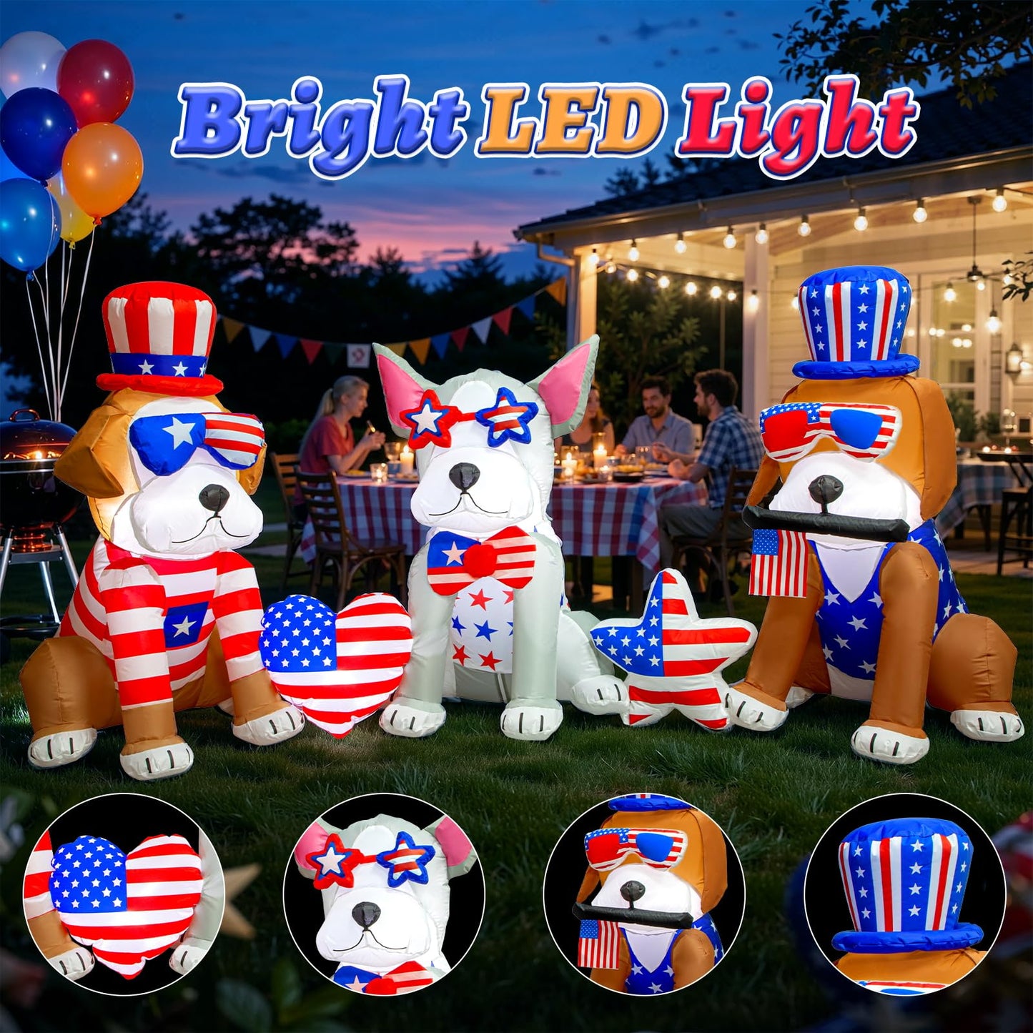 Spinosaurus 7FT 4th of July Inflatables Outdoor Decoration 3dog USA Flag Print Heart Star with LEDs Blow Up Independence Day Patriotic Holiday Yard Decorations