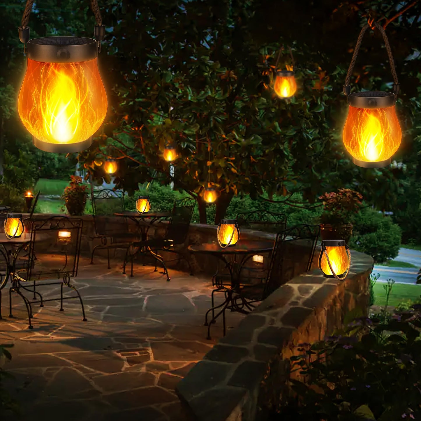iBaycon 2 Pack Gen2 Solar Lanterns Lights, Ultra-Real Flame Garden Lights with Dual Charging USB & Solar, 2 Modes Outdoor Waterproof Hanging Lantern for Yard Home Brithday Gifts (Warm White)