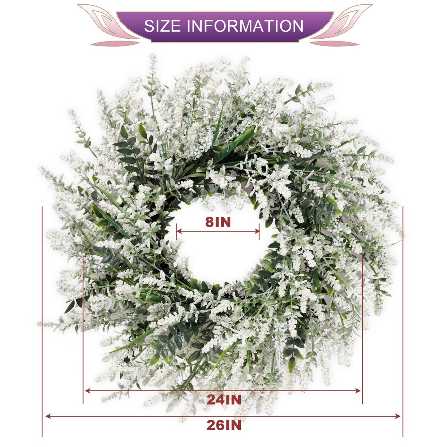 26'' Large Lavender & Eucalyptus Wreath for Front Door - Artificial Eucalyptus Leaves Greenery Outdoor Wreath for Wedding Farmhouse Porch Wall Room Home Decor (White)