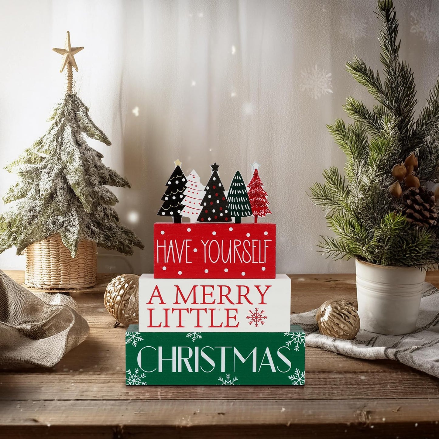 4 Pcs Christmas Table Decor Christmas Tree Wooden Table Decorations Winter Tiered Tray Decor Centerpieces Rustic Decorative Tree Block Signs Gift Xmas Sign for Home kitchen Shelf