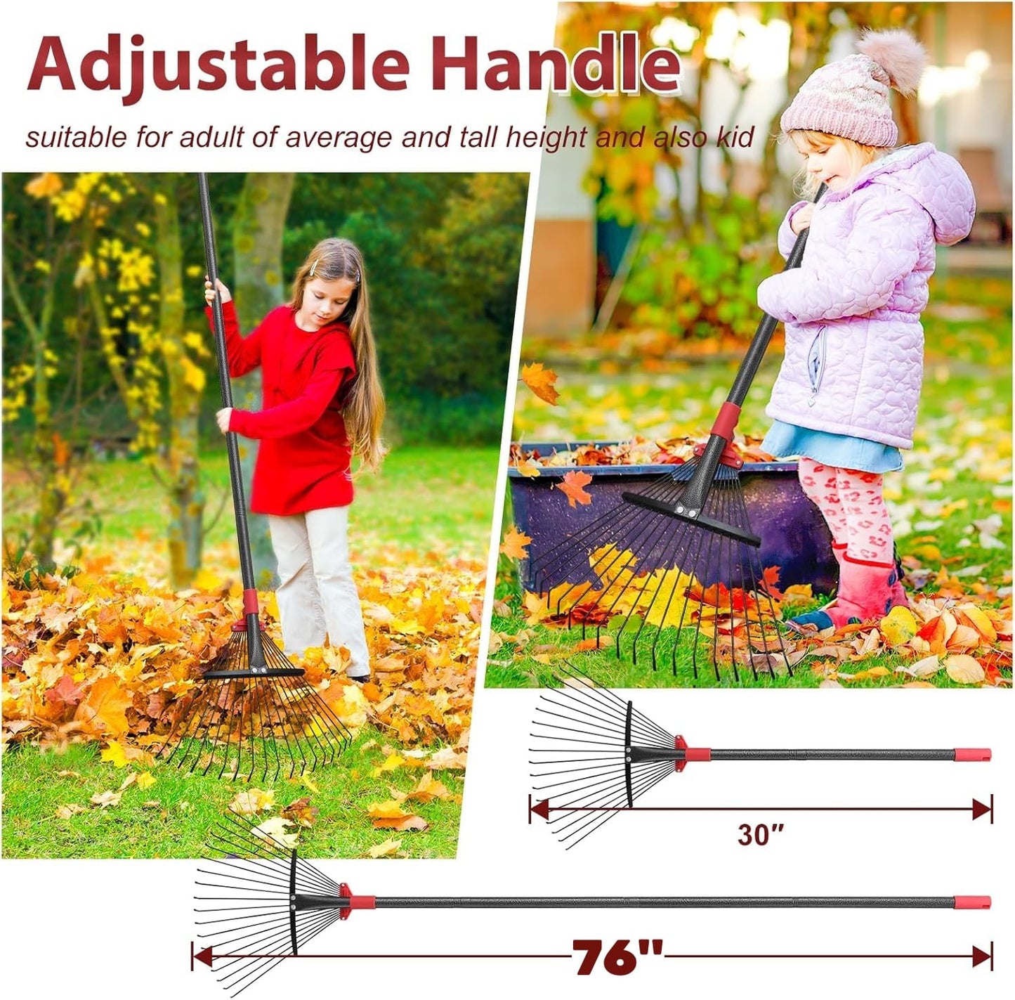 76Inch Adjustable Metal Leaf Rake, 18 Metal Tines Heavy Duty Leaves Rake for Lawns with 8-18" Expandable Head Long Handle Garden Rakes for Women Kids Leaves Yard Gardening Grass Outdoor Camping Debris