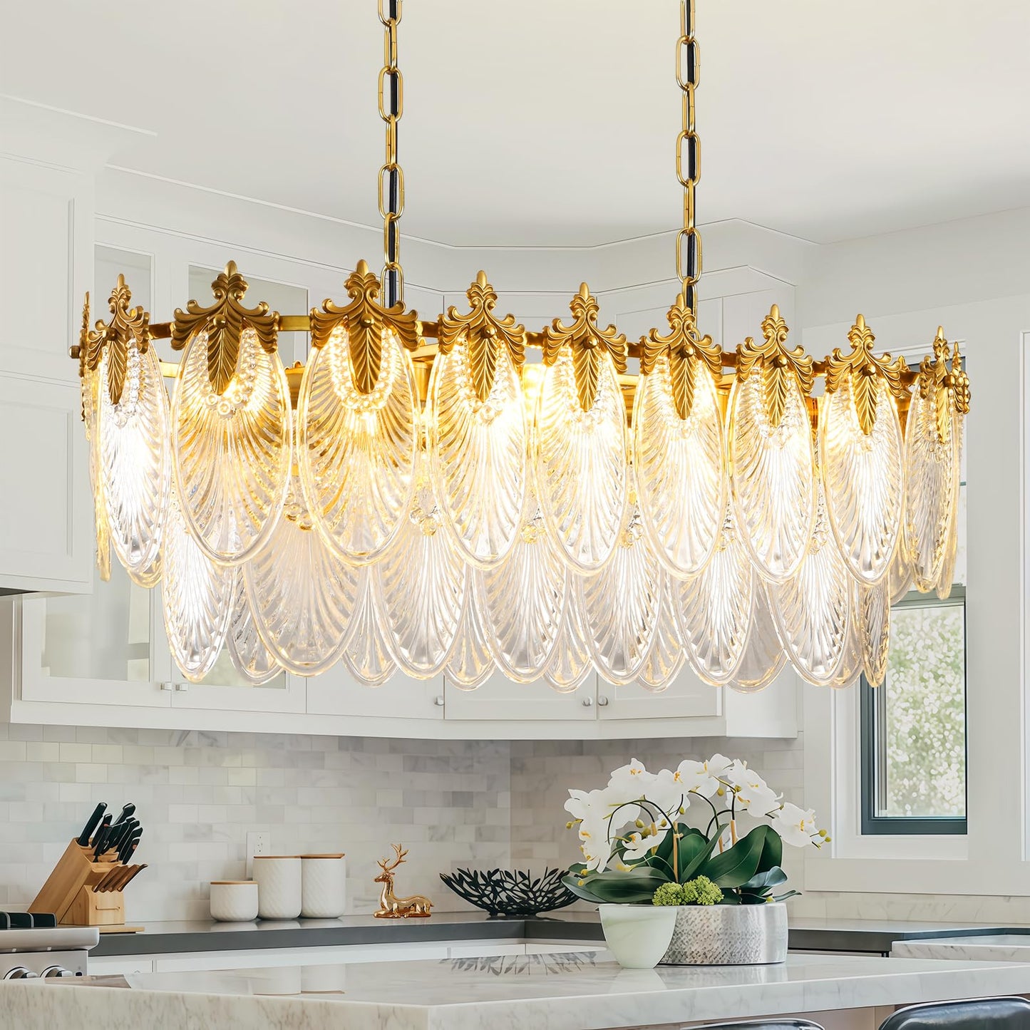 KELUOLY Rectangular Crystal Glass Dining Room Chandelier, 8 Light Gold Chandeliers Lighting Fixture, L33.5'' Height Adjustable Oval Ceiling Pendant Light for Office Coffee Over Table Kitchen Island