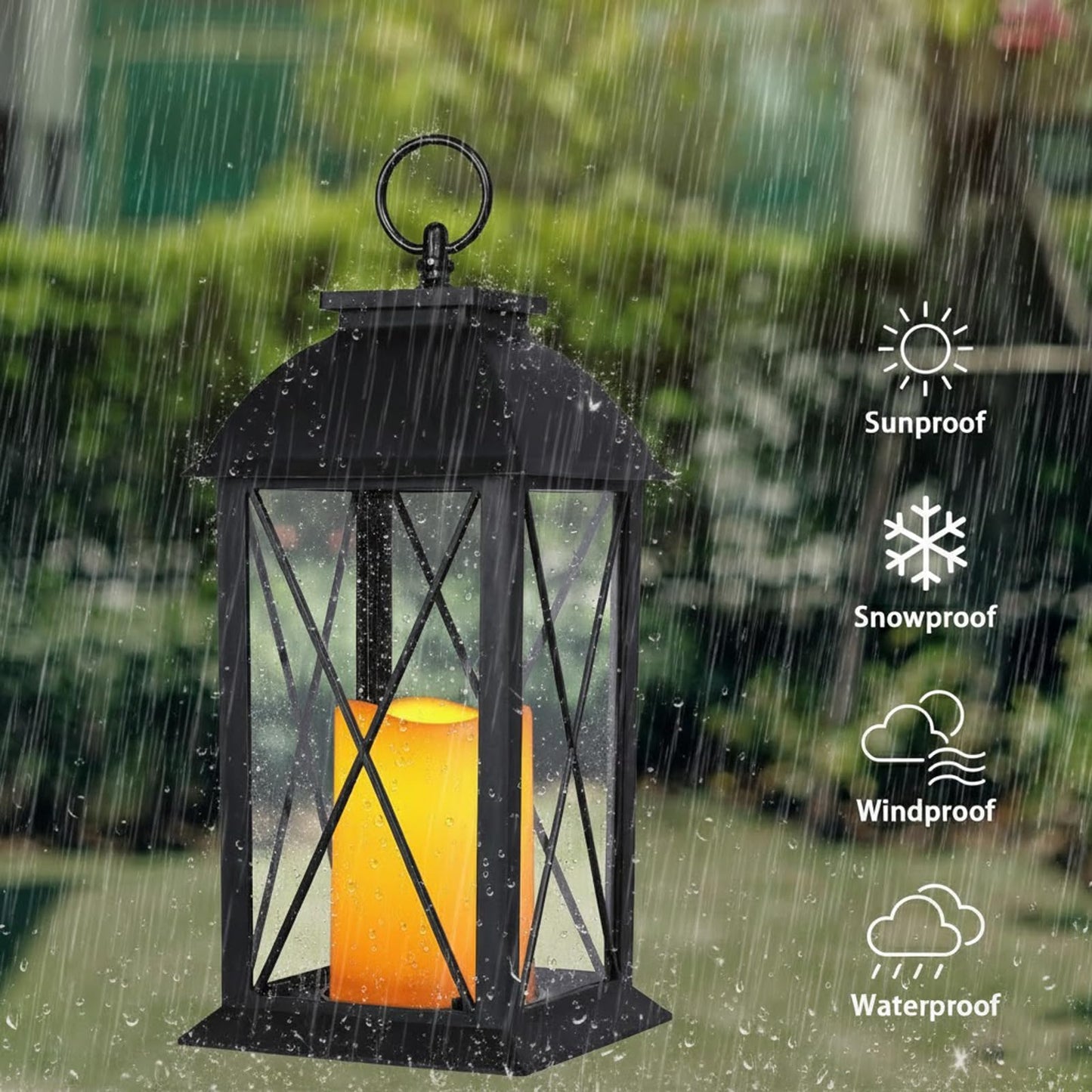 Bdor 2 Pack 13-Inch Black Decorative Lantern with LED Candle (6hr Timer) - IP65 Waterproof Battery Powered - Outdoor Patio Hanging Lanterns Decorative Tabletop Lanterns