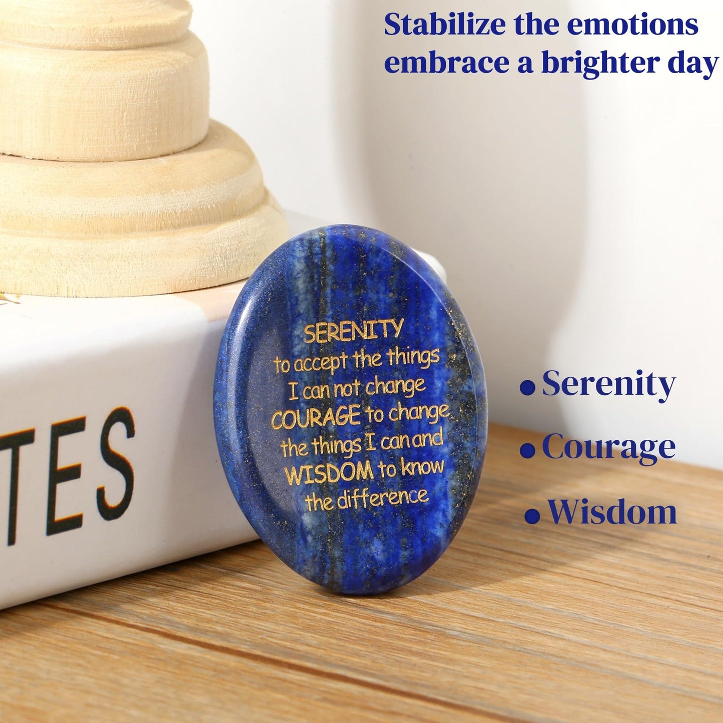 QINJIEJIE Serenity Prayer Lapis Lazuli Stone Healing Crystals Thumb Stones Engraved Inspirational Stones Anxiety Relief Items Worry Stones for Anxiety Encouragement Gifts for Men Stocking Stuffers