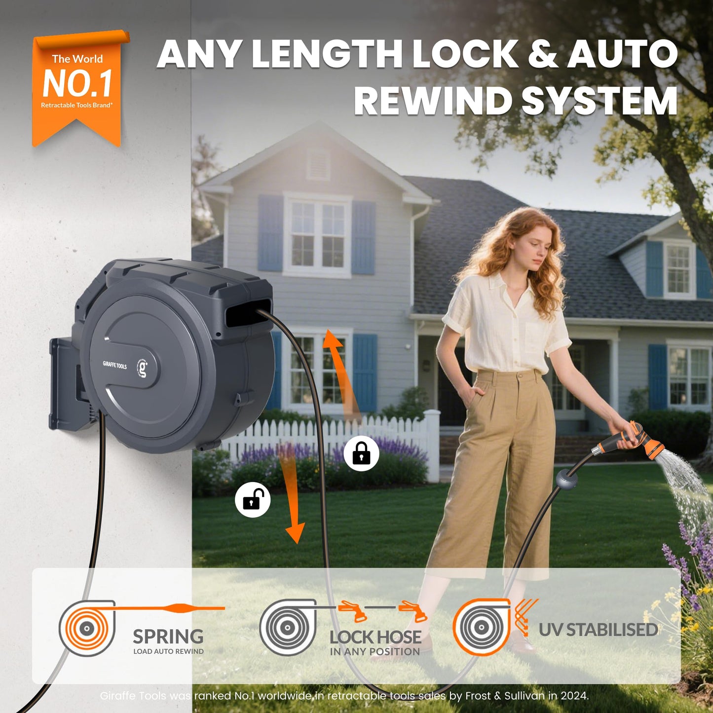 Giraffe Tools Retractable Garden Hose Reel, 5/8" x 62 ft Wall Mounted Hose Reels with 180° Swivel Bracket, Any Length Lock Hose Reel with 9- Function Sprayer Nozzle