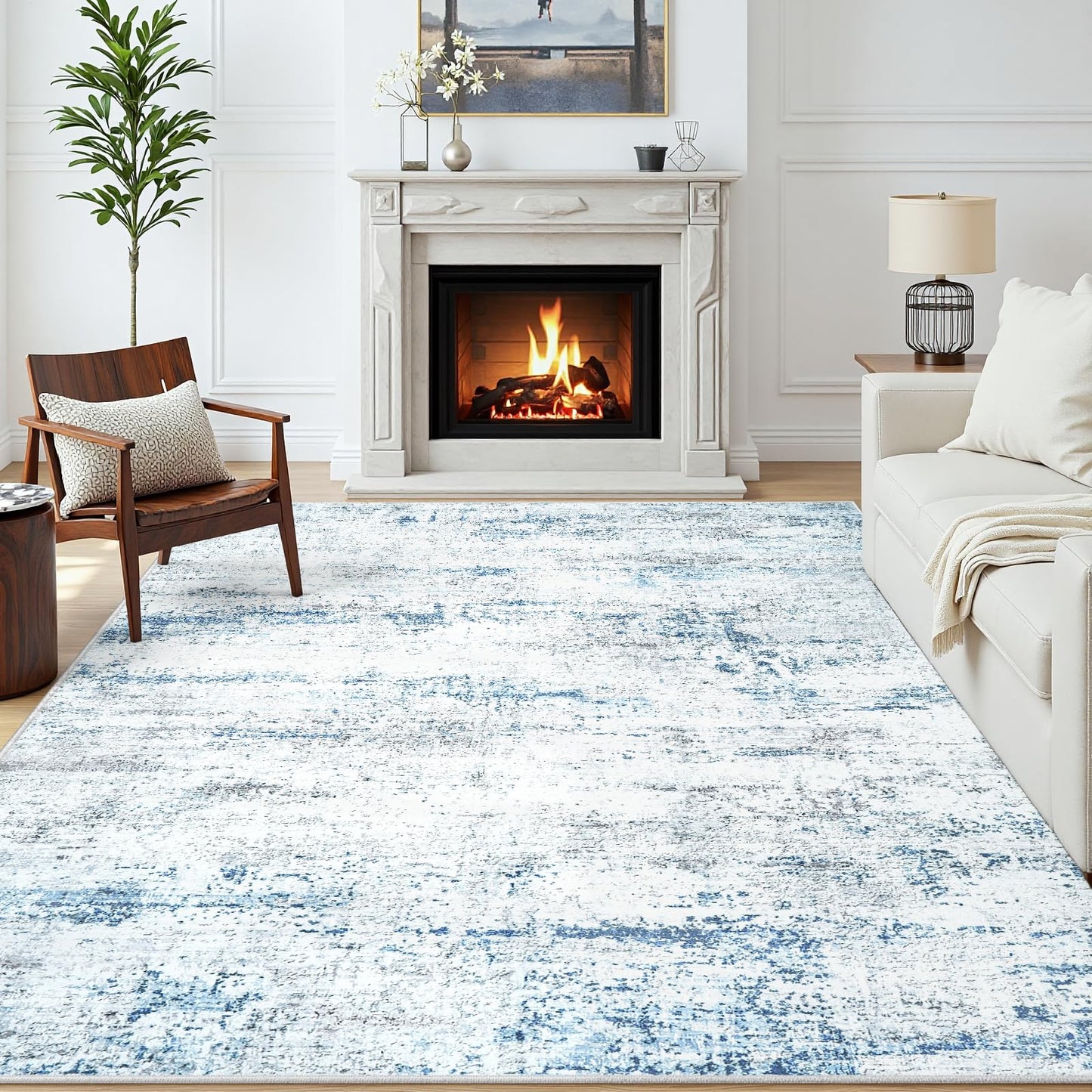Area Rug Living Room Rugs: 5x7 Large Soft Indoor Carpet Modern Abstract Rug with Non Slip Rubber Backing for Under Dining Table Nursery Home Office Bedroom White Gray Blue
