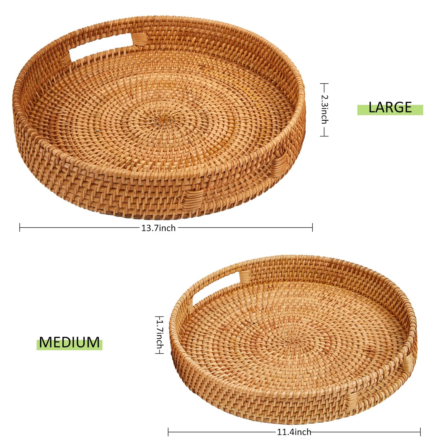 Whalehub Round Rattan Serving Tray with Handles,2 Hand Woven Basket, Home Decor Organizer Tray for Breakfast, Tea, Snack, Fruit, Coffee, Storage (Large + Medium)(14.17inchX2.3inch+11.9inchX1.7inch