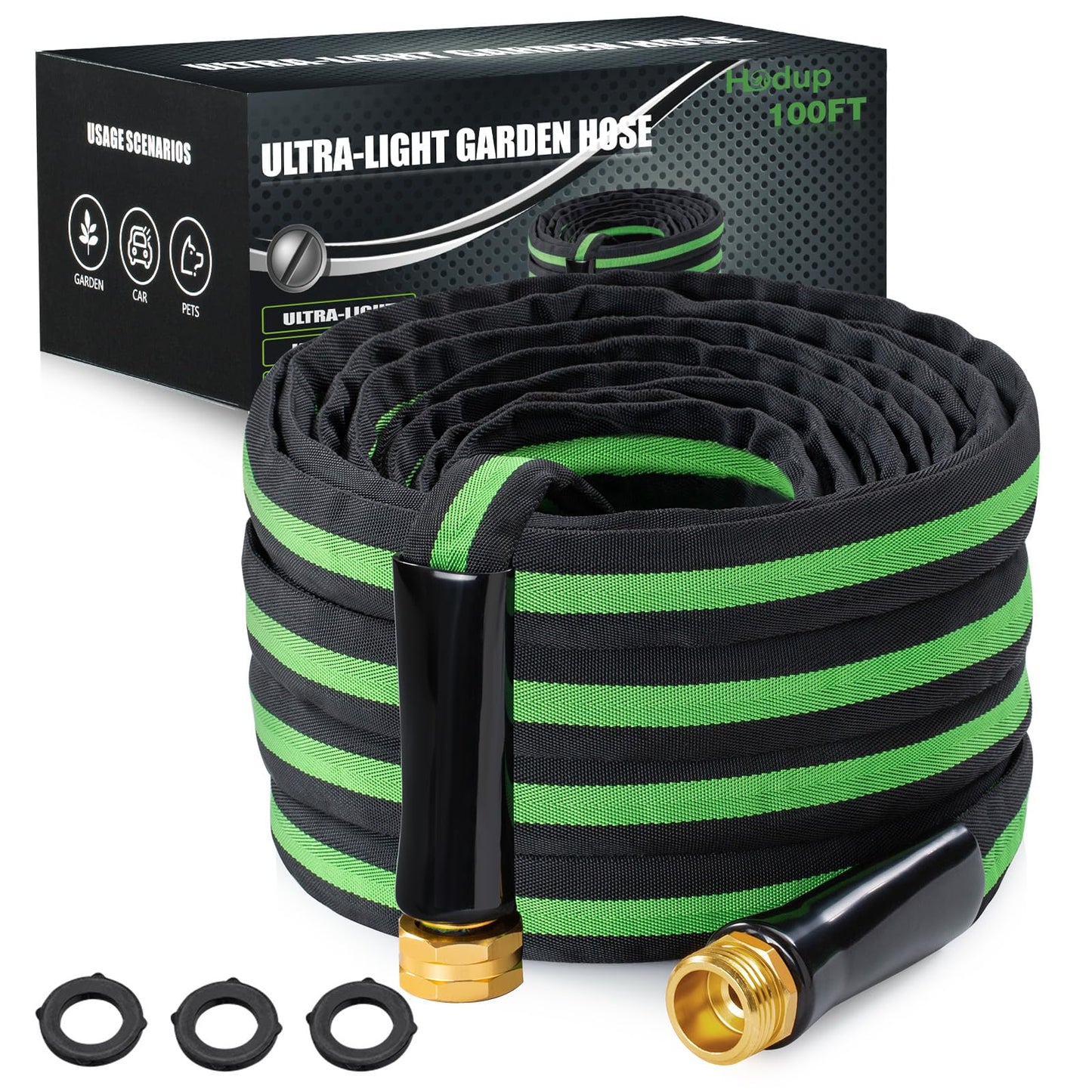 HODUP 100FT Lightweight Super Flexible Garden Hose - Kink-Free, Non-Expanding, Easy Storage for Yard Lawn Outdoor Use (Black-Green)