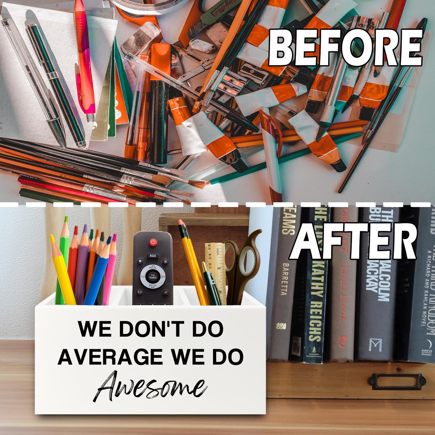 XPH Inspirational Pen Pencil Holder Organizer for Desk, Inspirational Gifts for Women, We Don't Do Average We Do Awesome Motivational Wooden Box Sign for Home Office Desk Tabletop Decorations