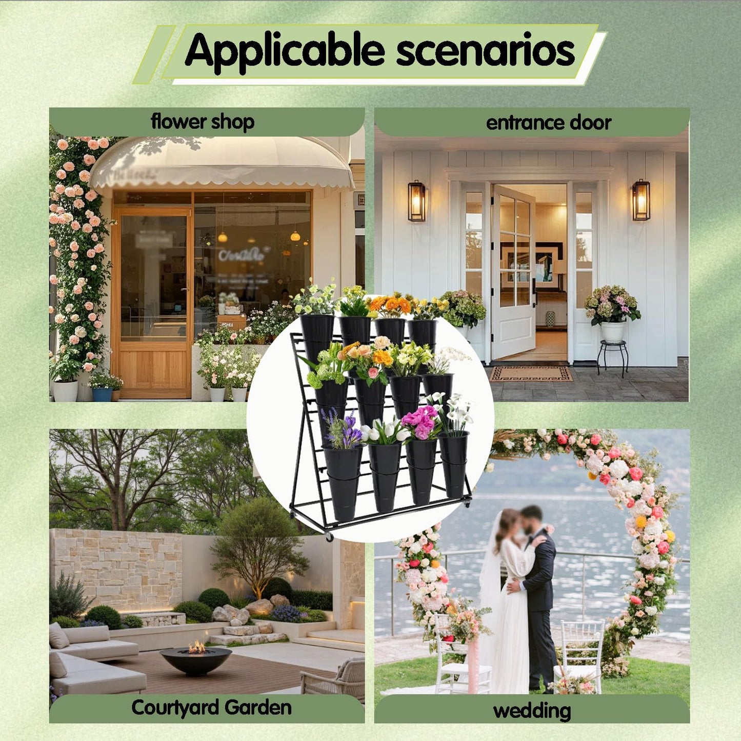 Flower Display Stand with 12 Buckets, 3 Layers Flower Bar Cart with Wheels, Metal Flower Plant Stand, Moving Florist Bouquet Shelf, for Outdoor Indoor Garden Patio Florist Weddings (A-Black)