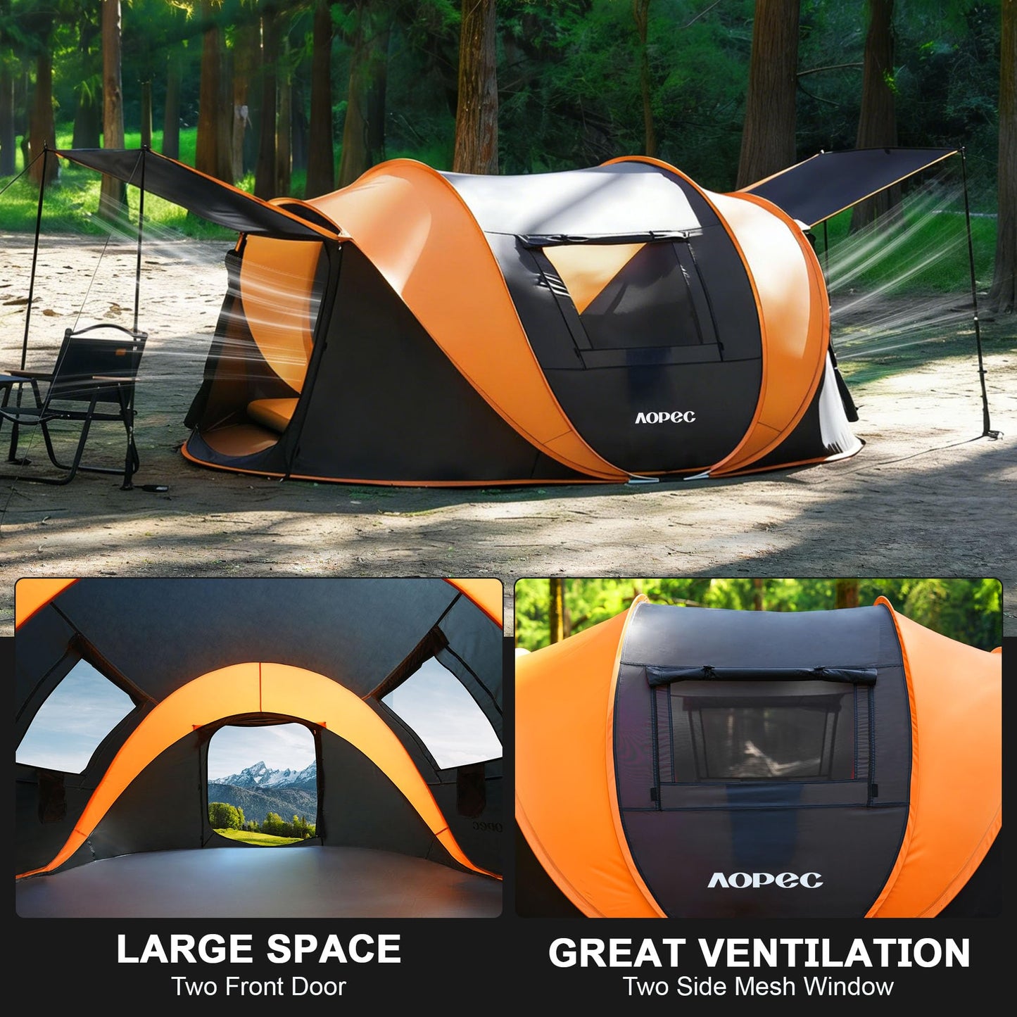 AOPEC Pop Up Camping Tent, 2/4/6 Person Instant Tent Waterproof PU4500mm, Spacious Ventilated Camping Tent with Front Porch, Quick Setup Lightweight Portable for Outdoor Camping Hiking Beach