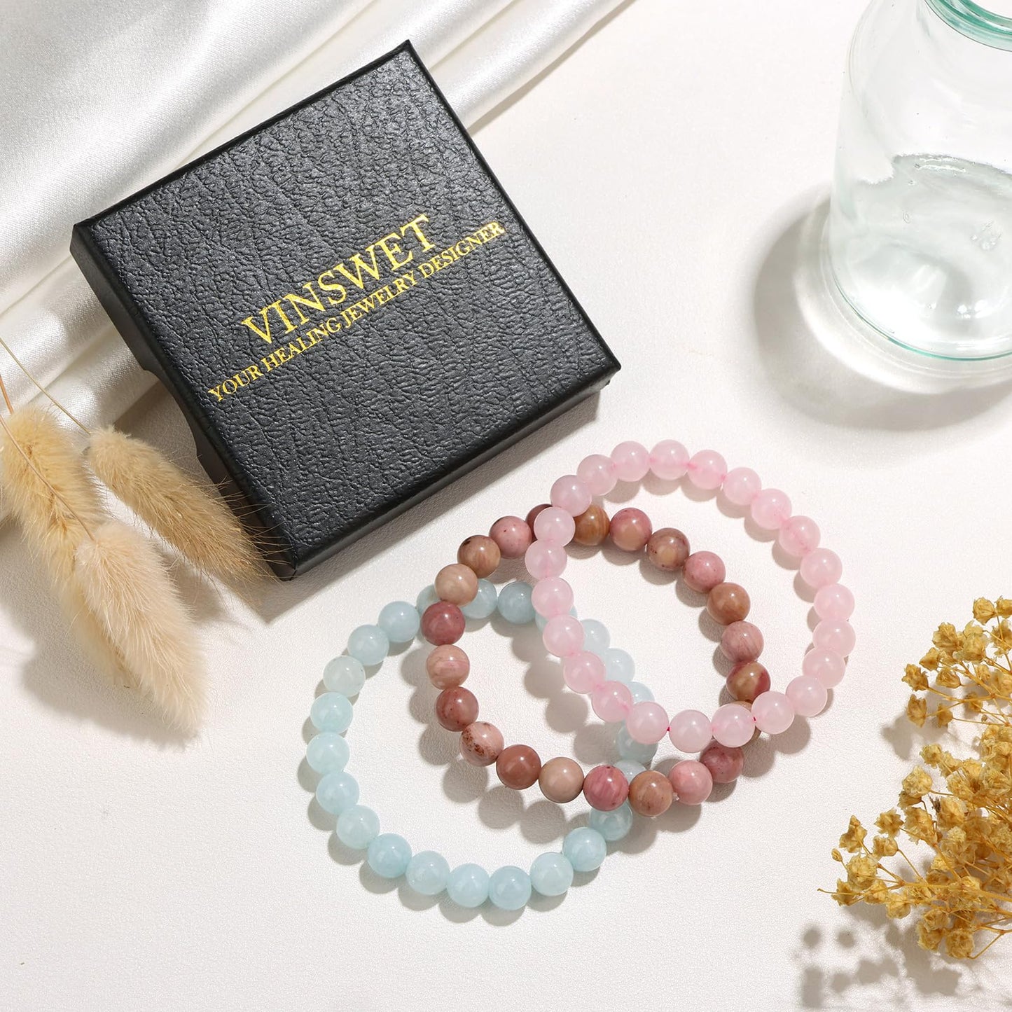 Vinswet Healing Crystal Bracelets for Women Men 8mm Rose Quartz Aquamarine Rhodochrosite Natural Stone Beaded Stretch Bracelet Triple Protection Handmade Gemstone Reiki Spiritual Jewelry Gifts