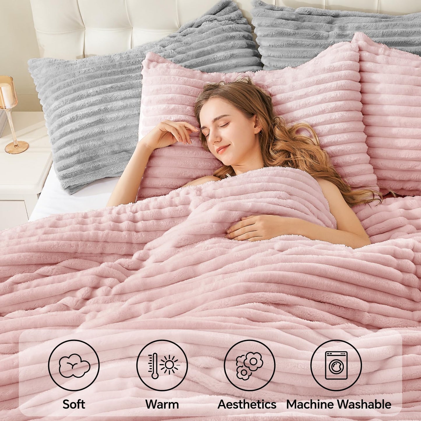 BEDELITE Fleece Queen Comforter Set -Super Soft & Warm Fluffy Pink Bedding, Luxury Fuzzy Heavy Bed Set for Winter with 2 Pillow Cases